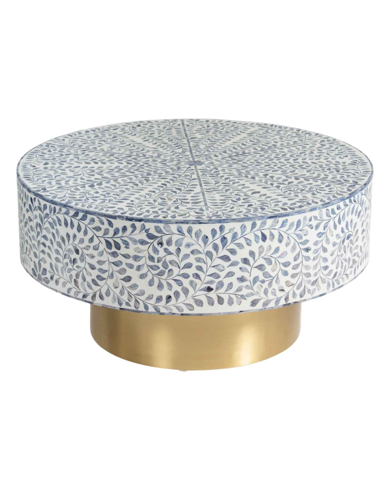 Handcrafted Jade coffee table featuring intricate blue bone inlay detailing with a round silhouette and brushed brass base.