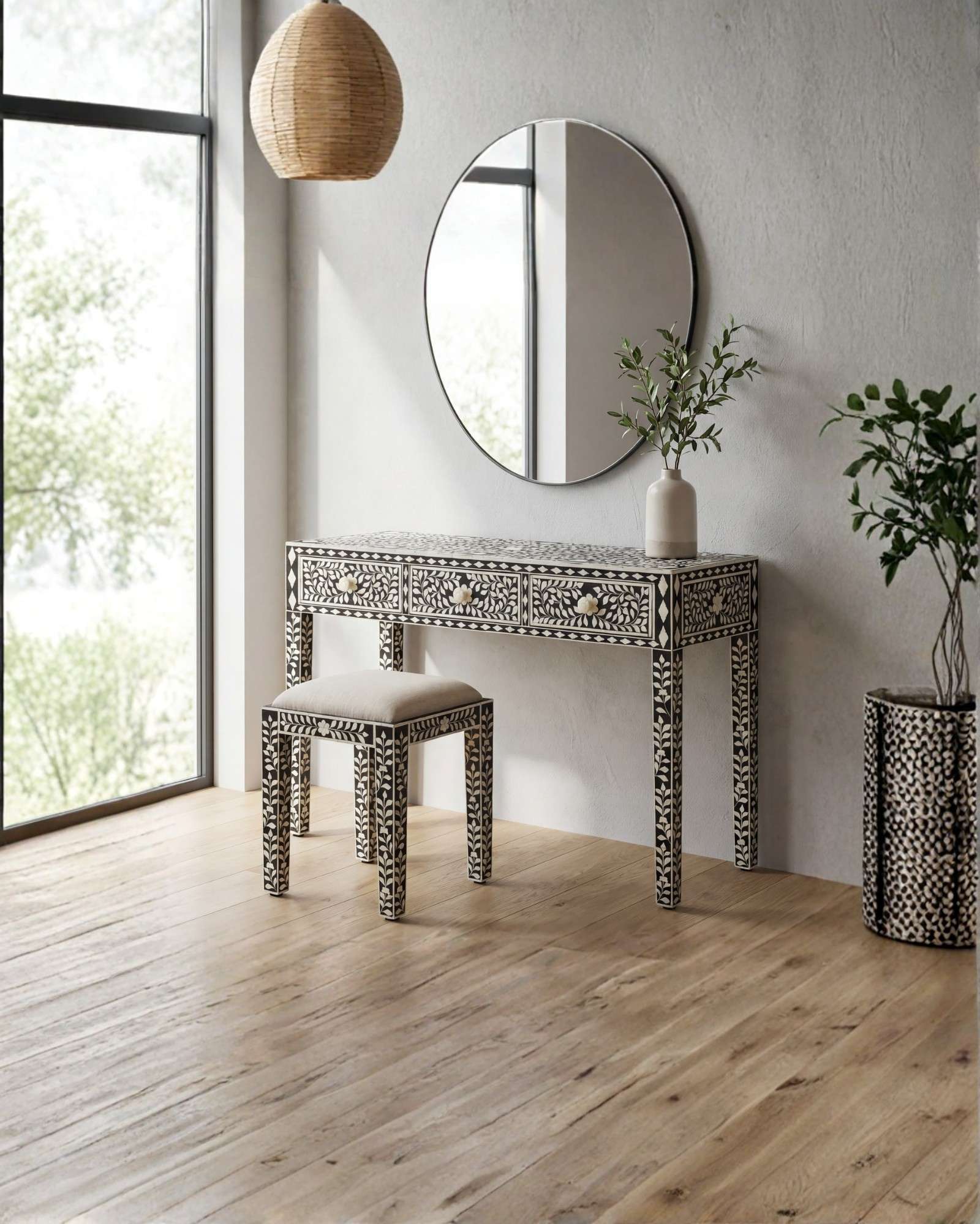 Handcrafted black bone inlay console table on mango wood, artisan-made heirloom by Tabeer Homes furniture.