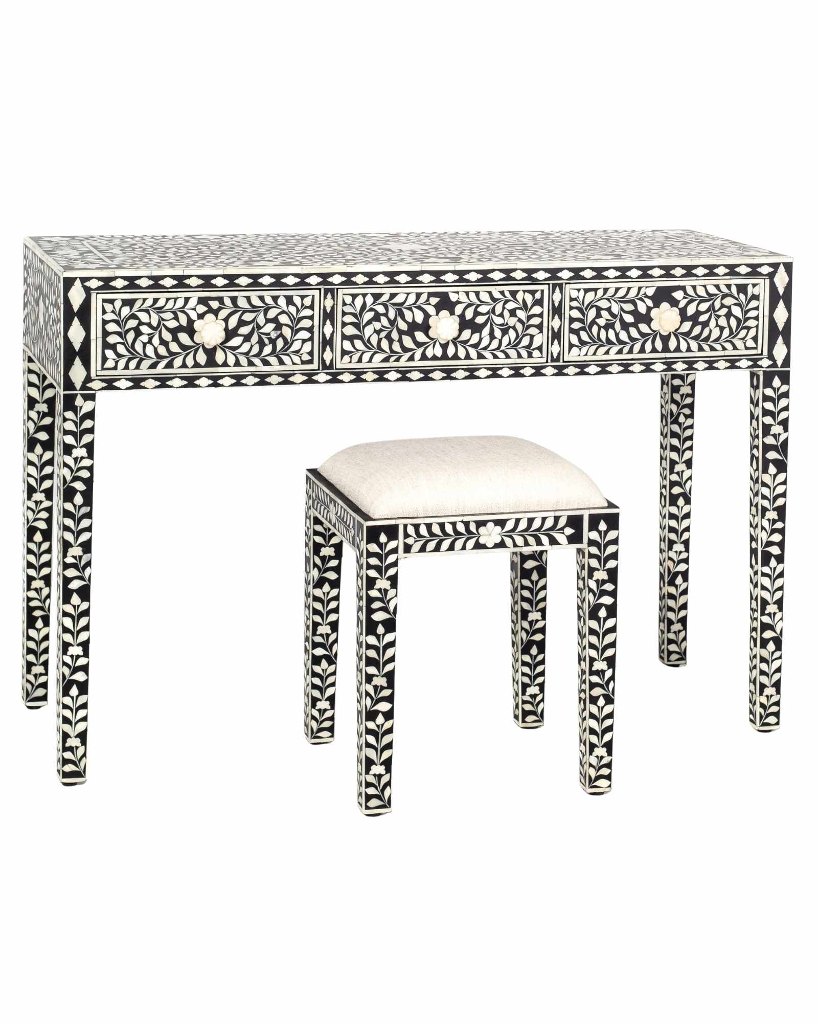 Handcrafted black bone inlay console table on mango wood, artisan-made heirloom by Tabeer Homes furniture.