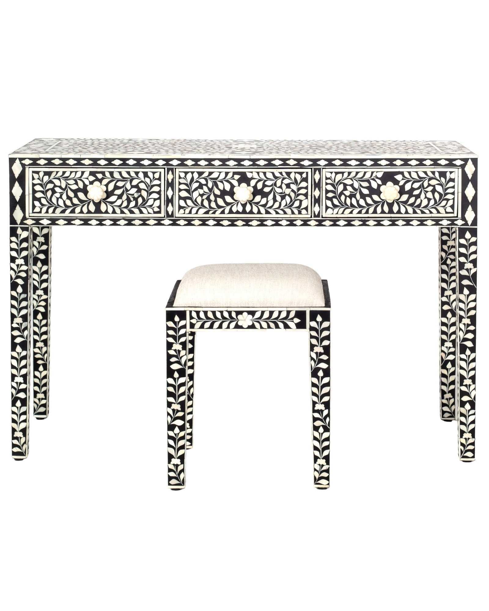 Handcrafted black bone inlay console table on mango wood, artisan-made heirloom by Tabeer Homes furniture.