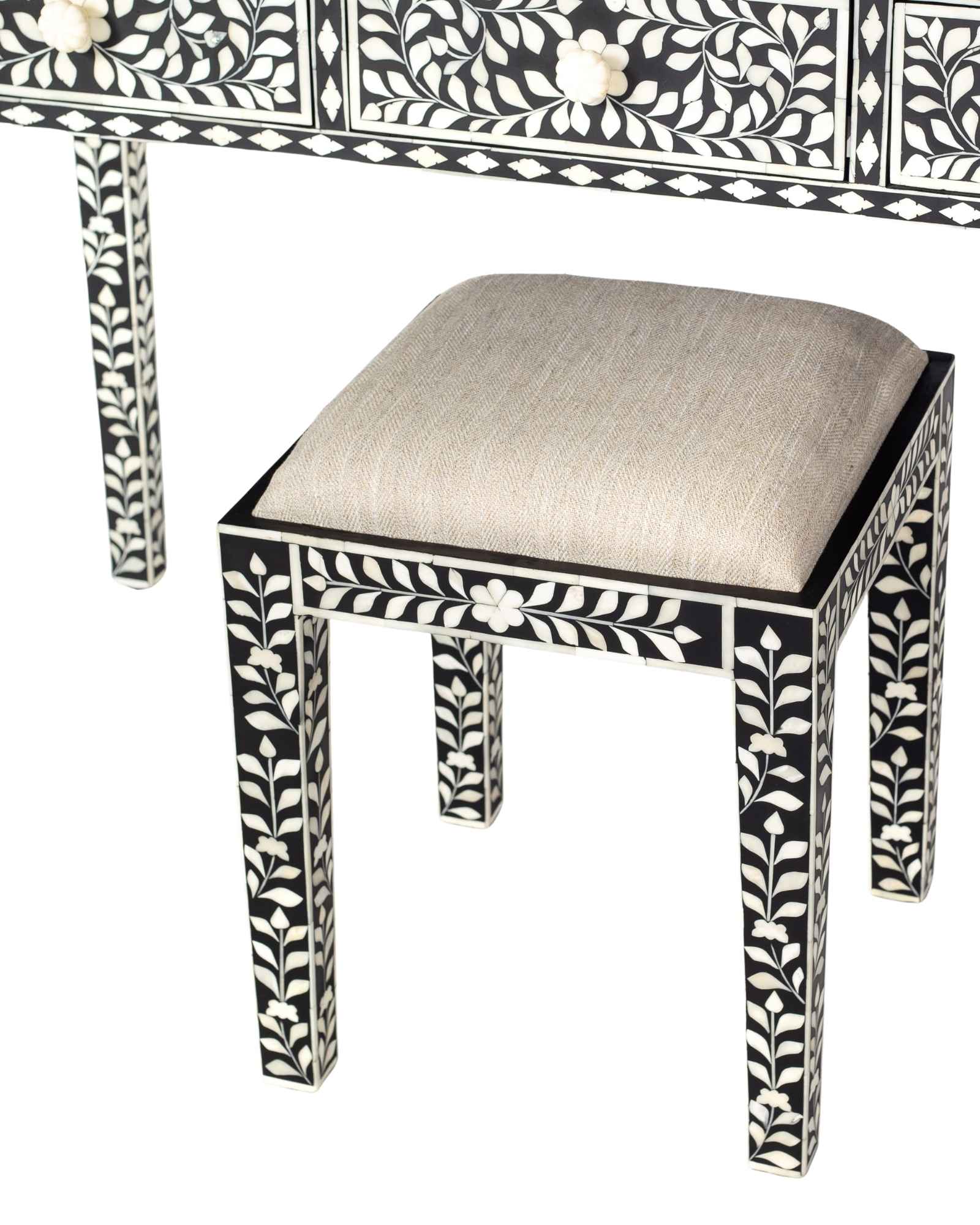 Handcrafted black bone inlay console table on mango wood, artisan-made heirloom by Tabeer Homes furniture.