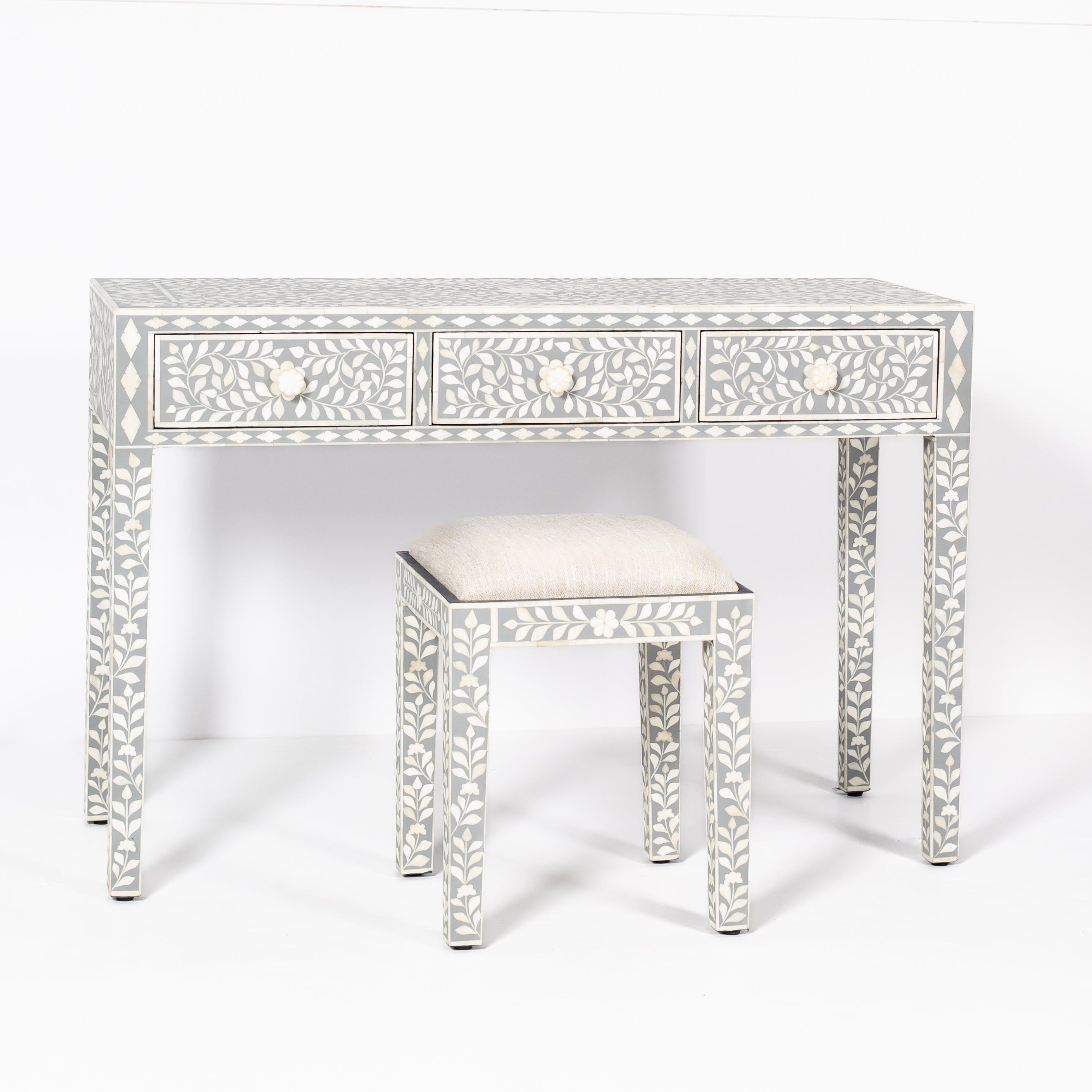 Handcrafted light grey and white bone inlay console table on mango wood, artisan-made heirloom by Tabeer Homes furniture.