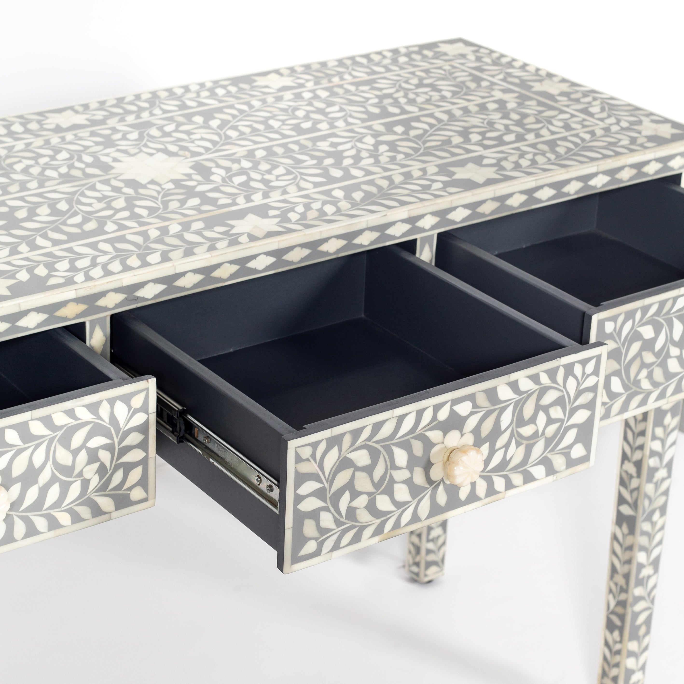 Handcrafted light grey and white bone inlay console table on mango wood, artisan-made heirloom by Tabeer Homes furniture.