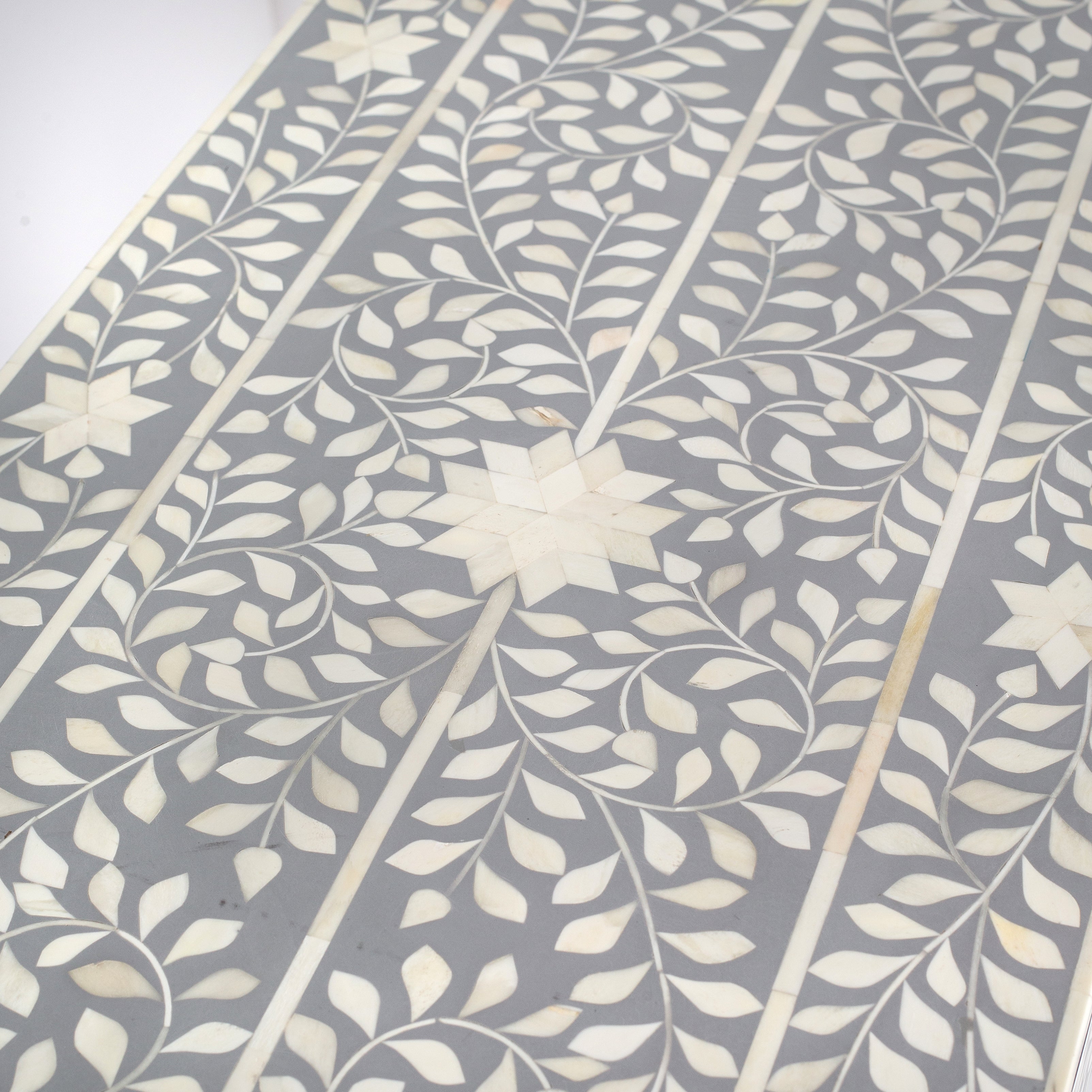 Handcrafted light grey and white bone inlay console table on mango wood, artisan-made heirloom by Tabeer Homes furniture.