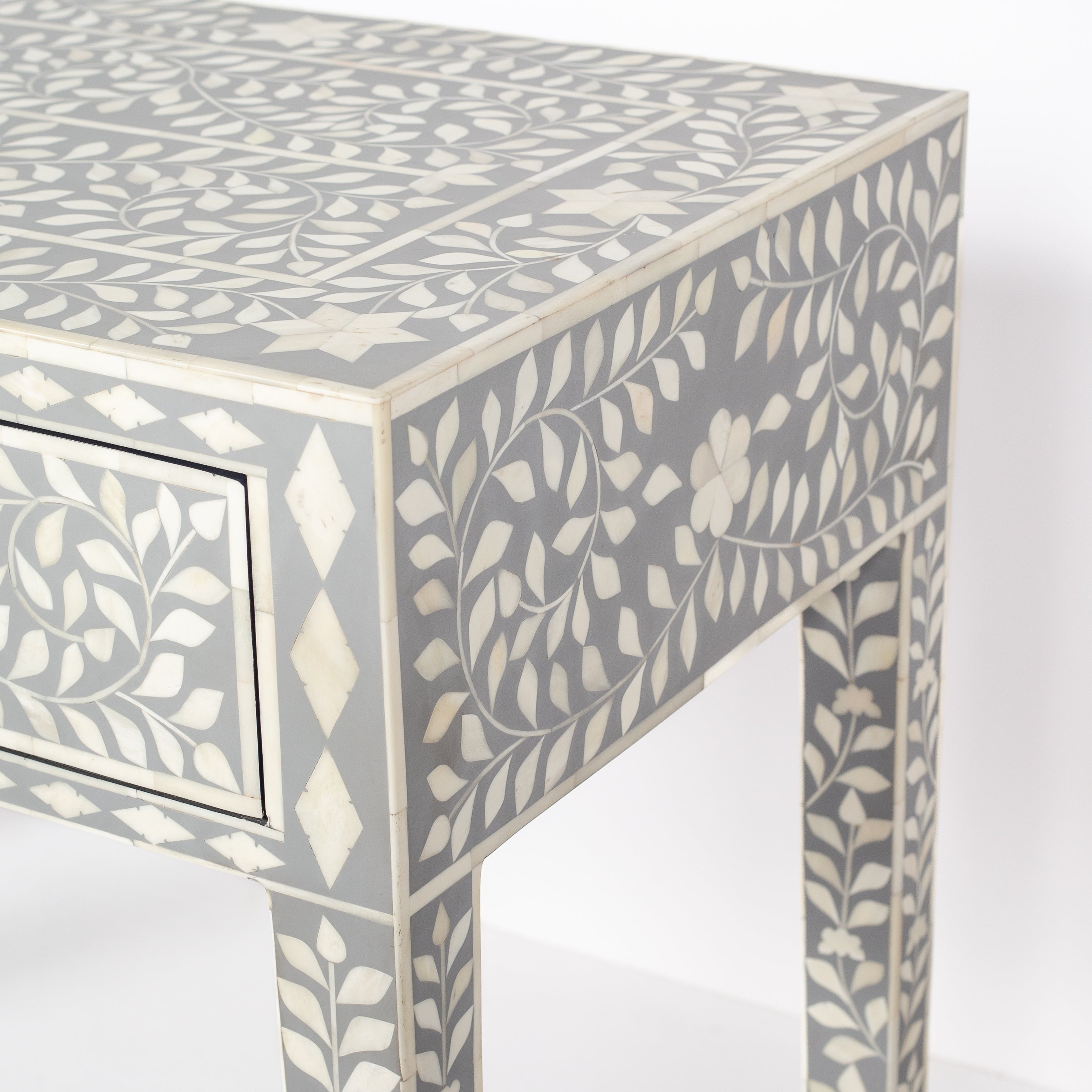 Handcrafted light grey and white bone inlay console table on mango wood, artisan-made heirloom by Tabeer Homes furniture.