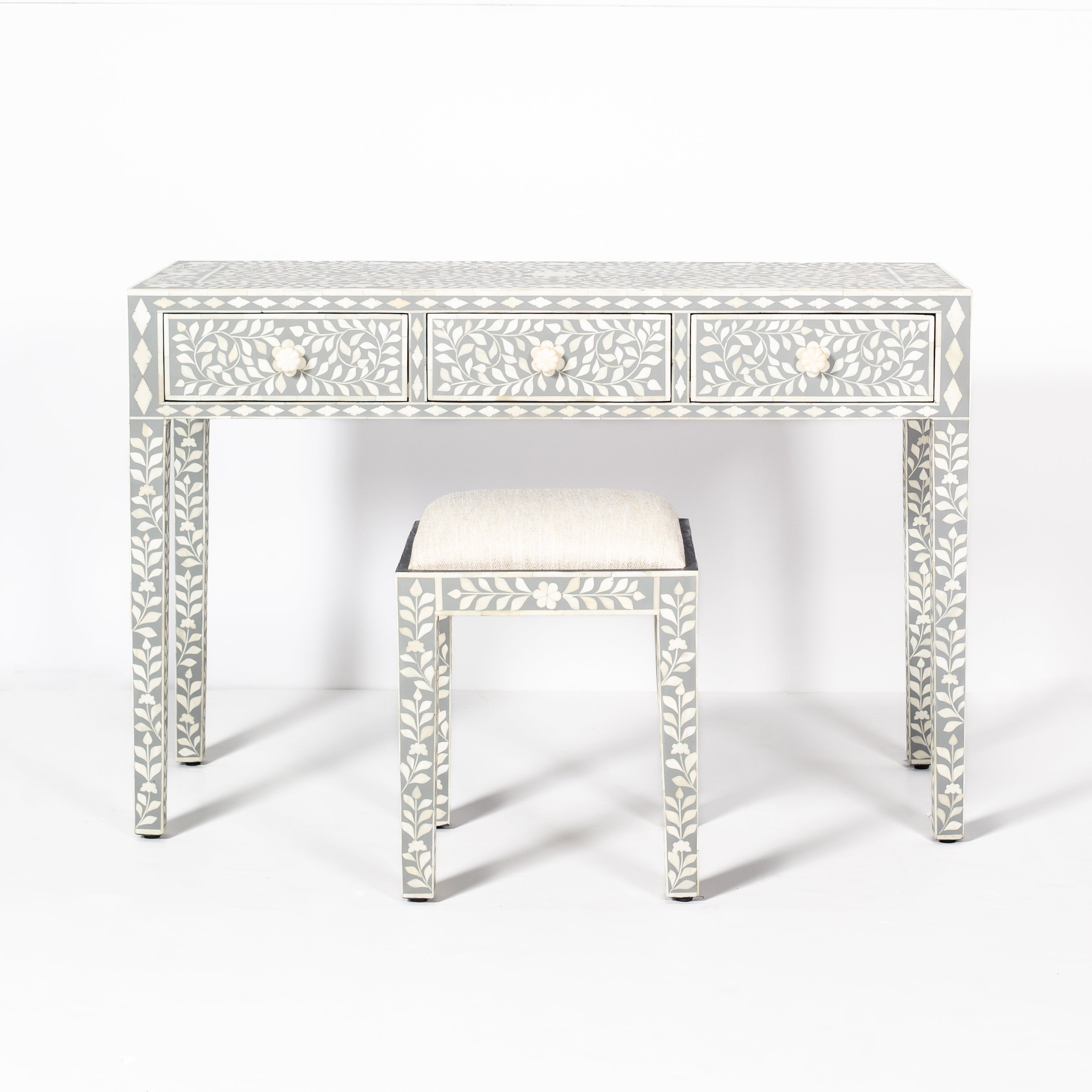 Handcrafted light grey and white bone inlay console table on mango wood, artisan-made heirloom by Tabeer Homes furniture.