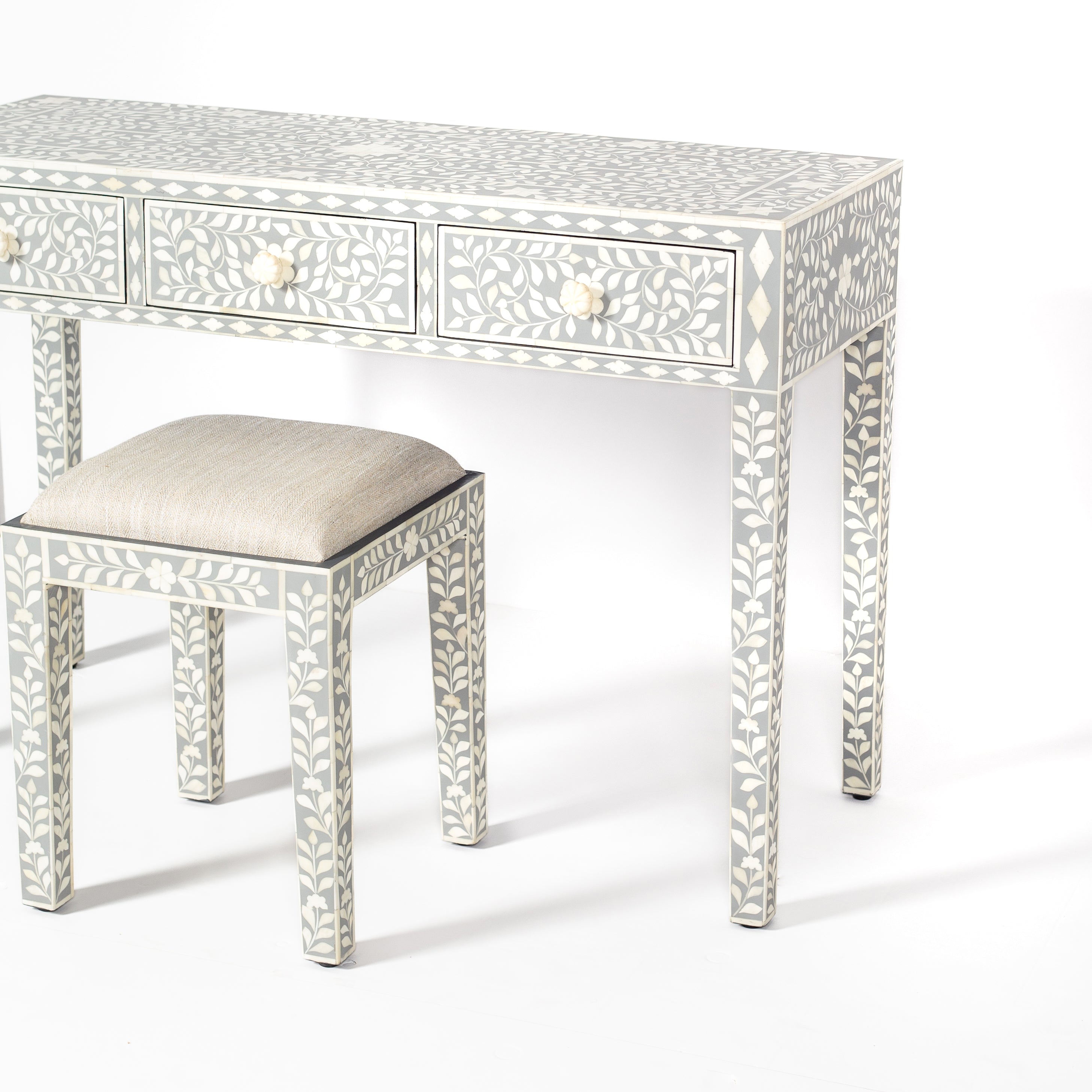 Handcrafted light grey and white bone inlay console table on mango wood, artisan-made heirloom by Tabeer Homes furniture.