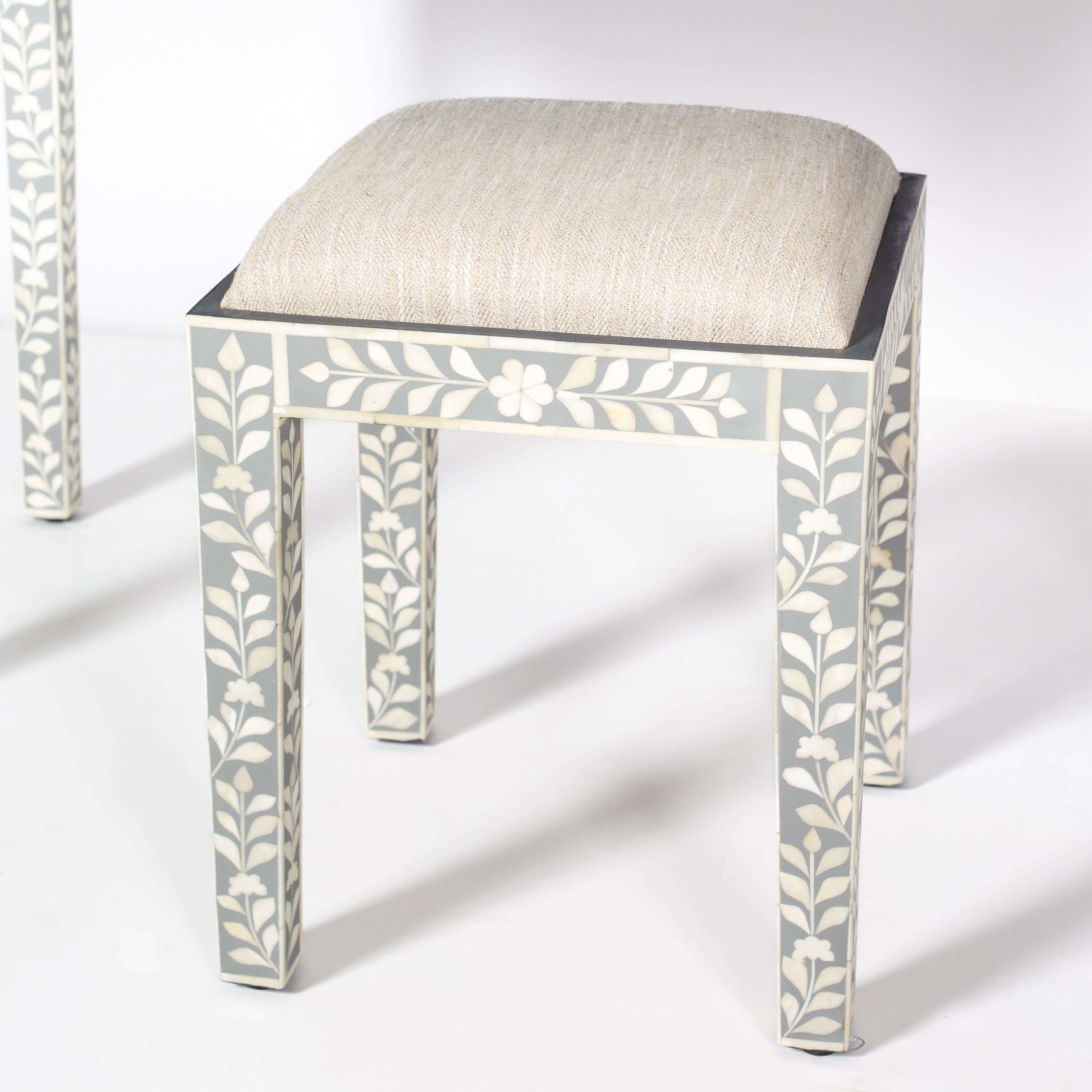 Handcrafted light grey and white bone inlay console table on mango wood, artisan-made heirloom by Tabeer Homes furniture.