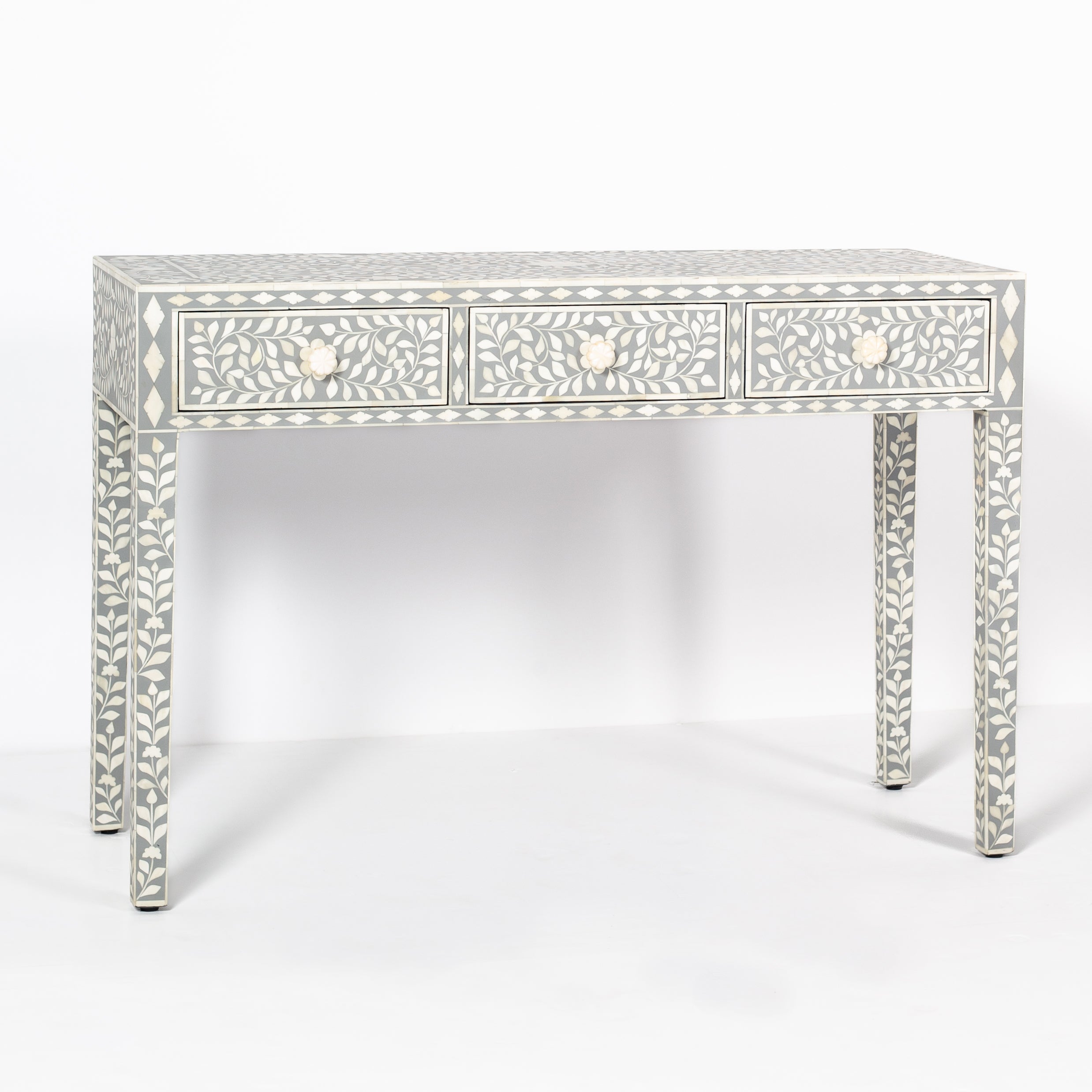 Handcrafted light grey and white bone inlay console table on mango wood, artisan-made heirloom by Tabeer Homes furniture.