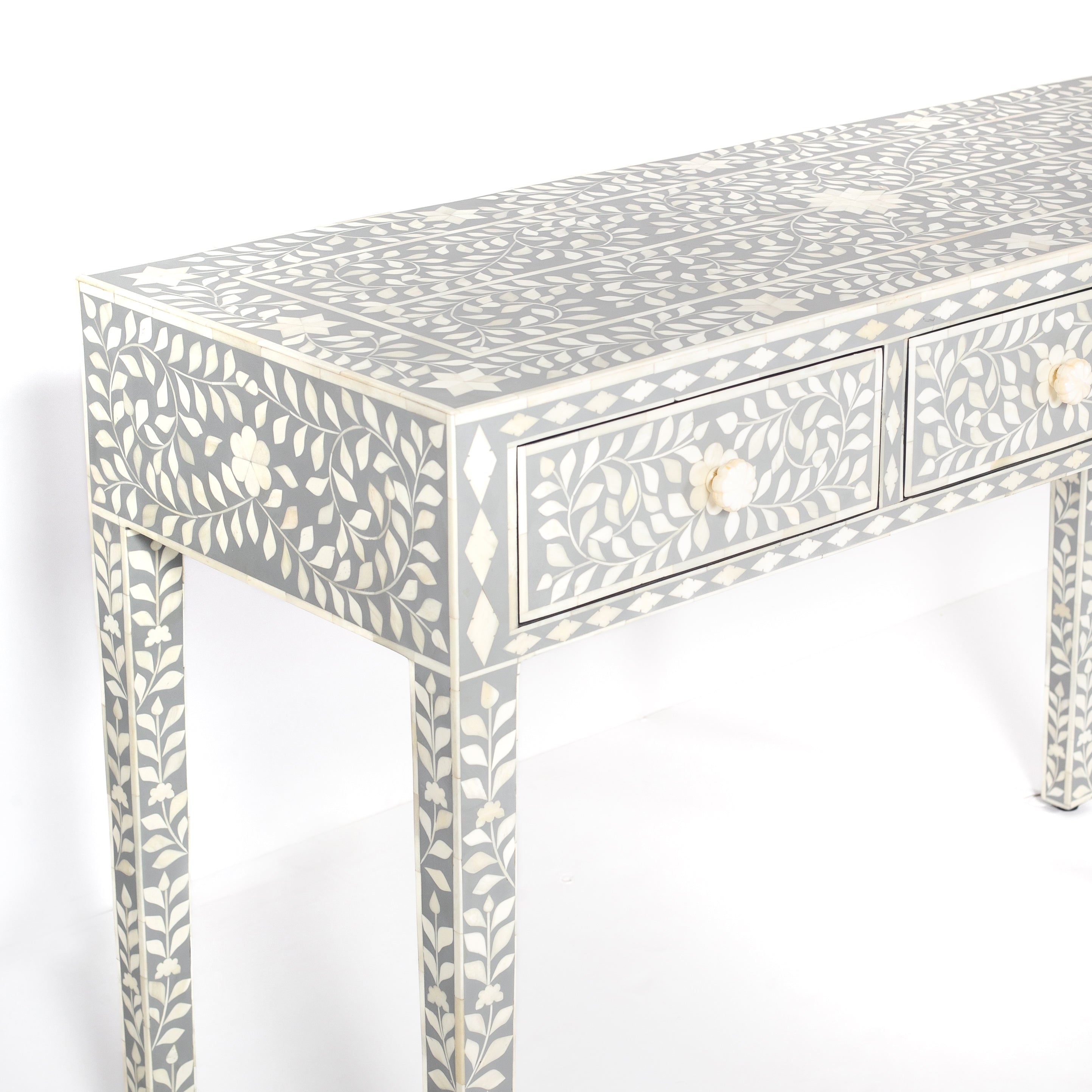 Handcrafted light grey and white bone inlay console table on mango wood, artisan-made heirloom by Tabeer Homes furniture.