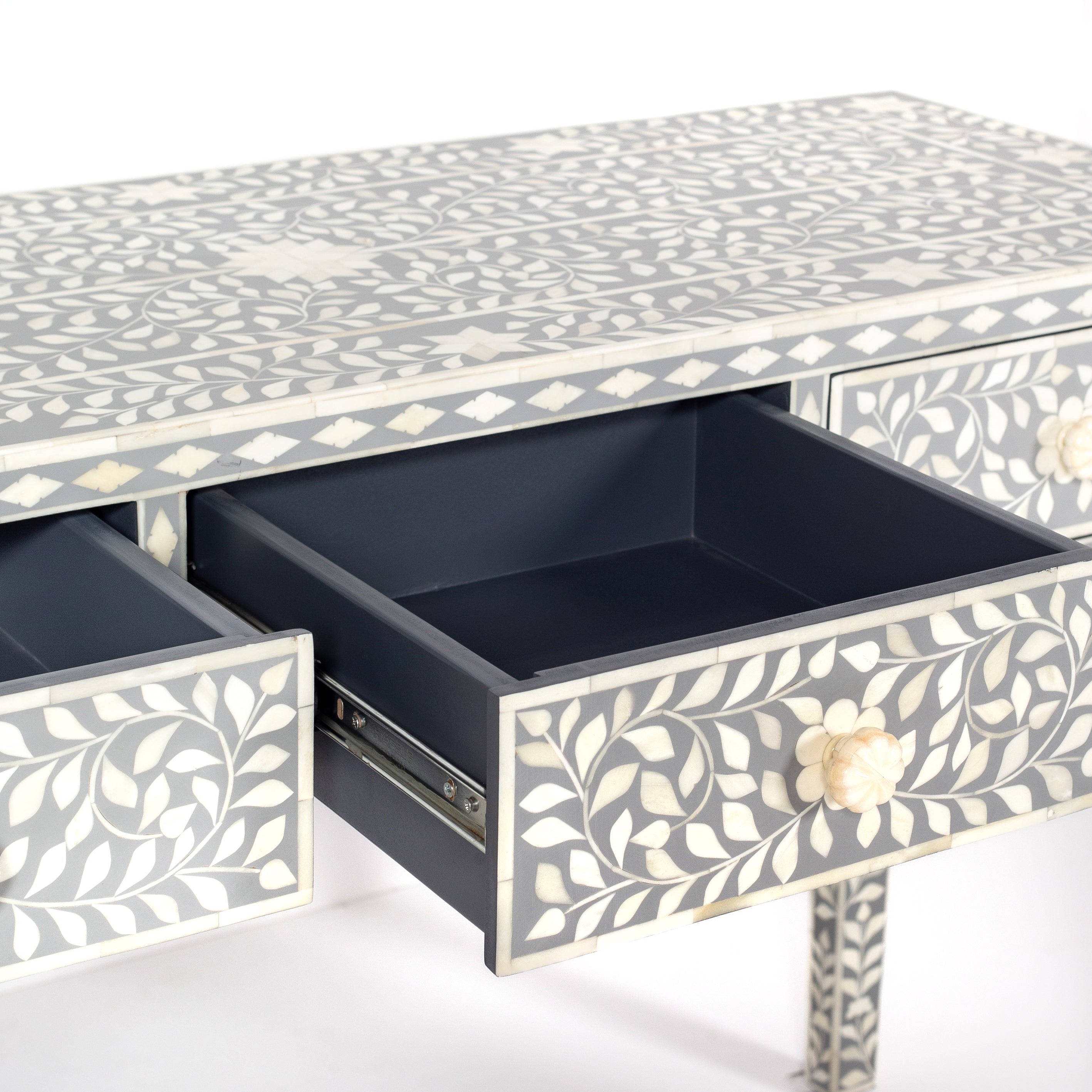 Handcrafted light grey and white bone inlay console table on mango wood, artisan-made heirloom by Tabeer Homes furniture.