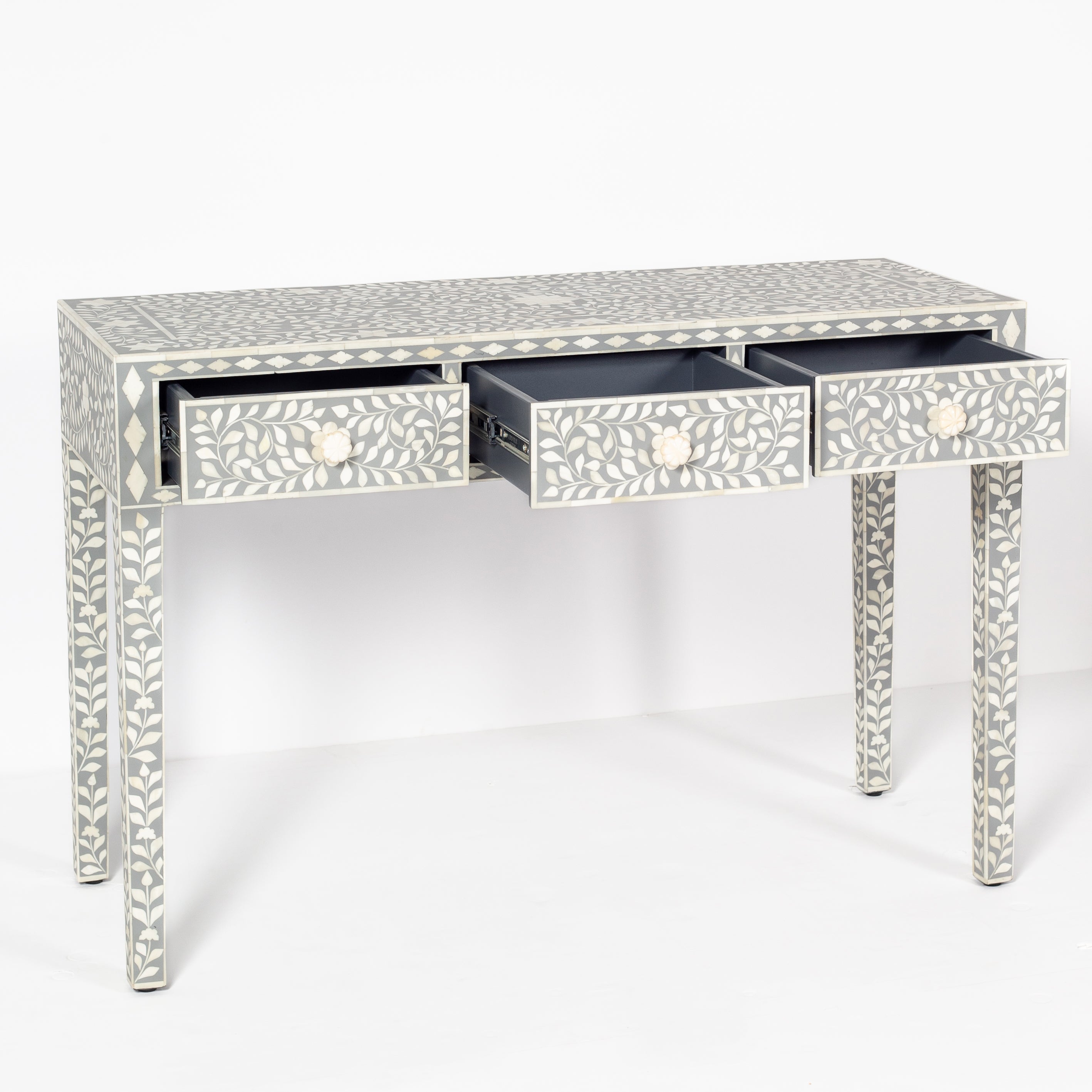 Handcrafted light grey and white bone inlay console table on mango wood, artisan-made heirloom by Tabeer Homes furniture.