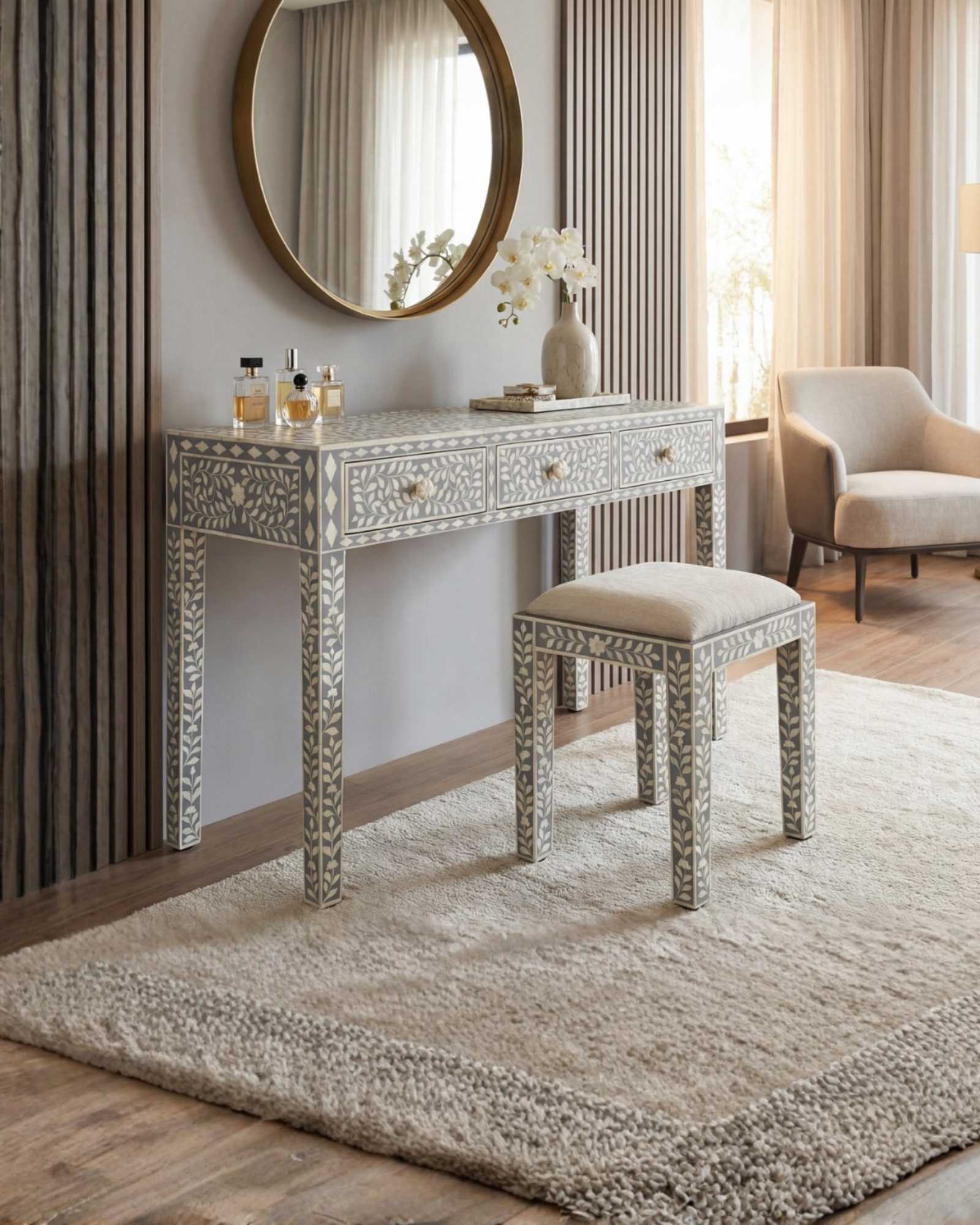 Handcrafted light grey and white bone inlay console table on mango wood, artisan-made heirloom by Tabeer Homes furniture.