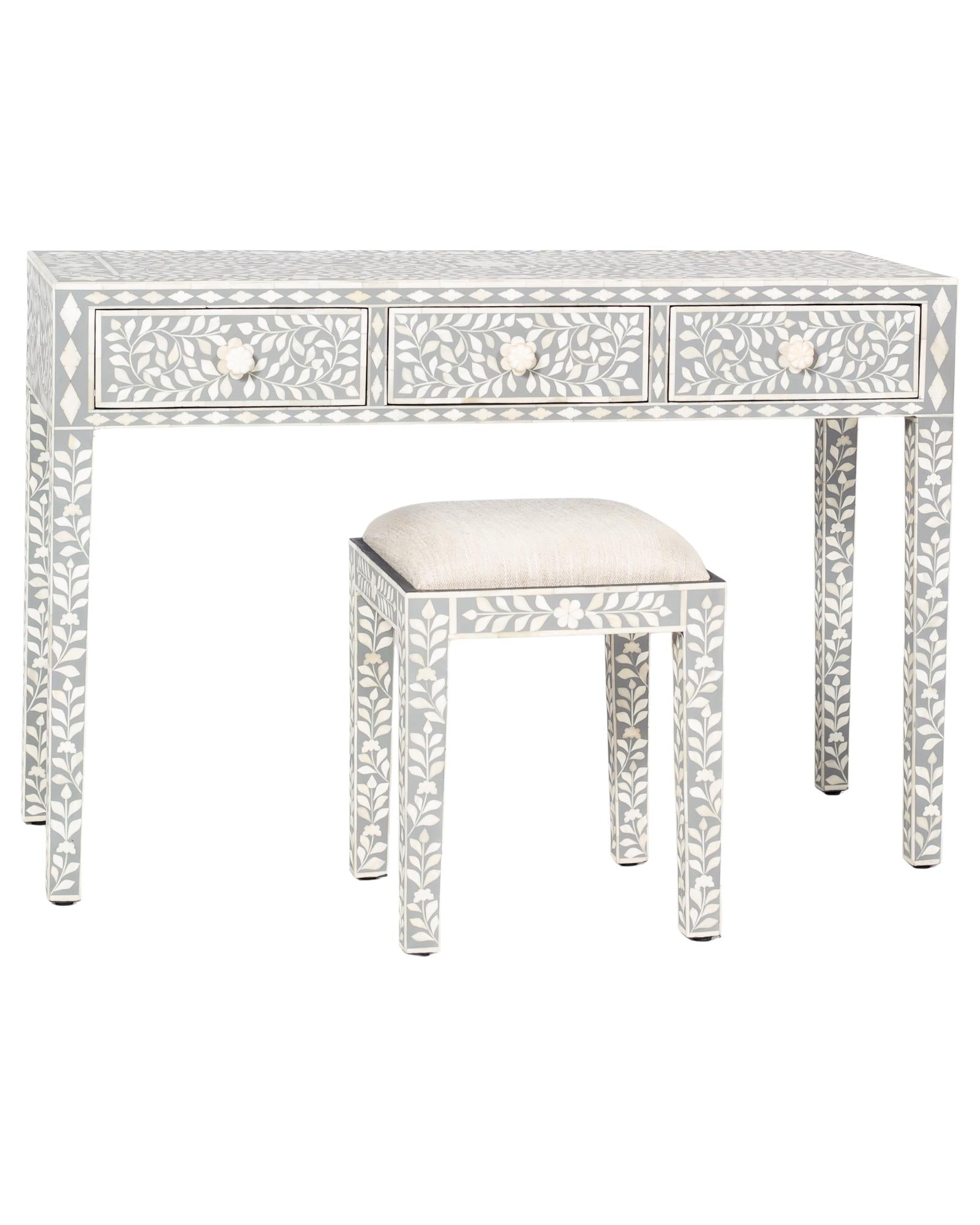 Handcrafted light grey and white bone inlay console table on mango wood, artisan-made heirloom by Tabeer Homes furniture.
