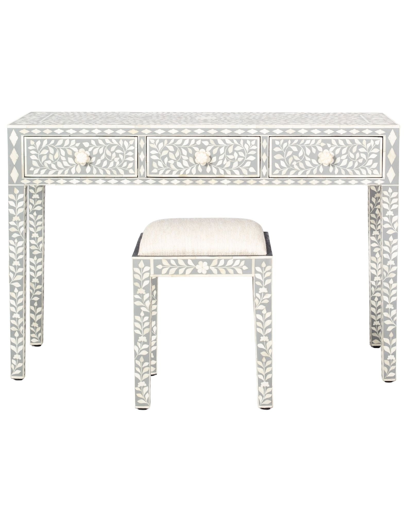 Handcrafted light grey and white bone inlay console table on mango wood, artisan-made heirloom by Tabeer Homes furniture.