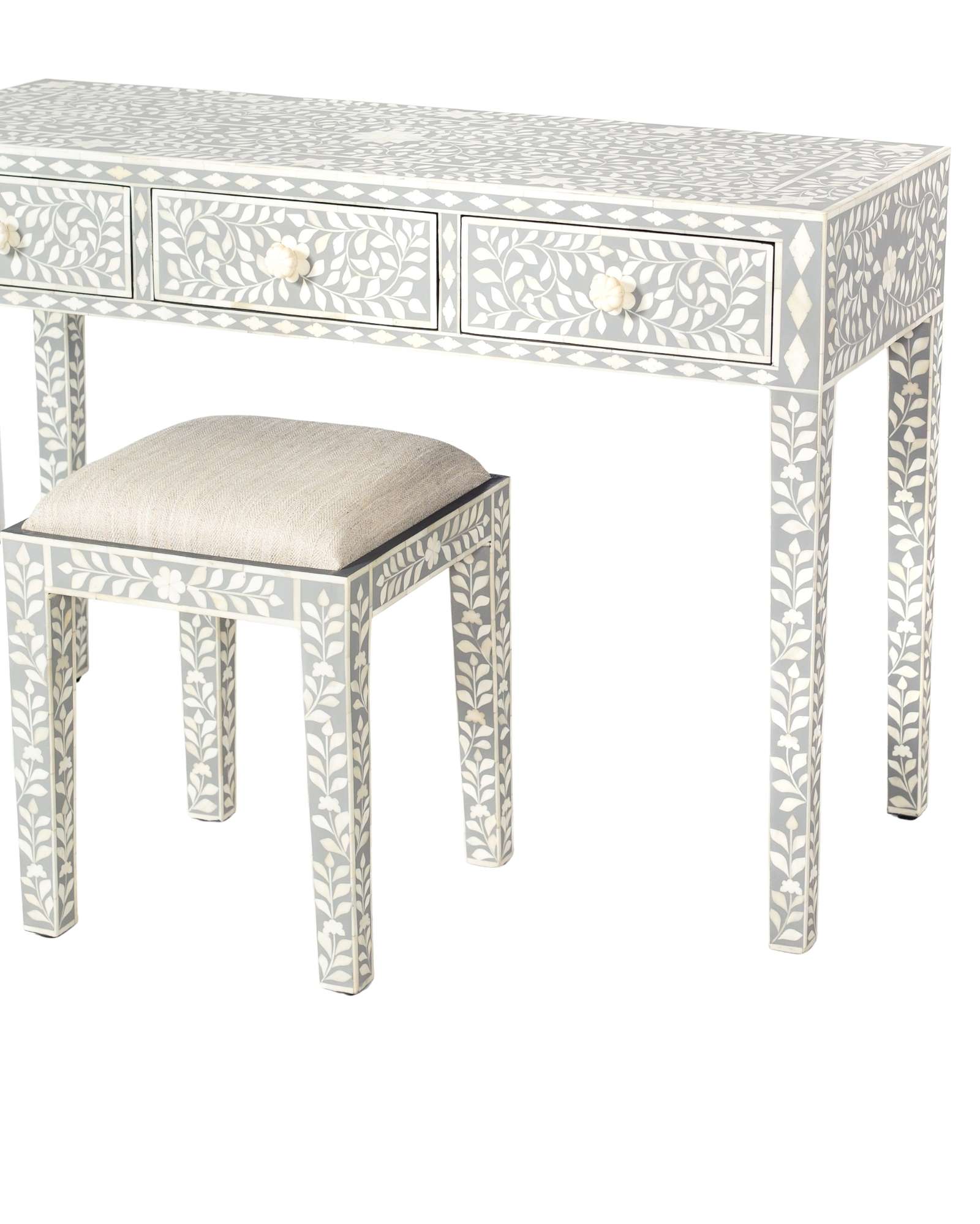 Handcrafted light grey and white bone inlay console table on mango wood, artisan-made heirloom by Tabeer Homes furniture.
