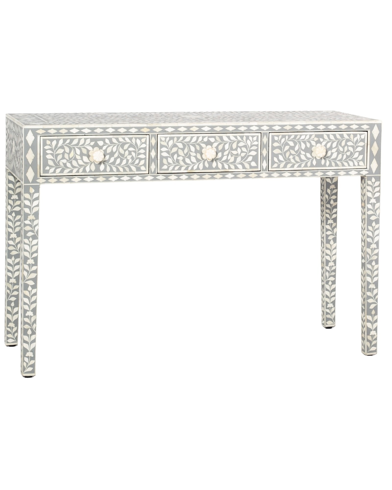 Handcrafted light grey and white bone inlay console table on mango wood, artisan-made heirloom by Tabeer Homes furniture.