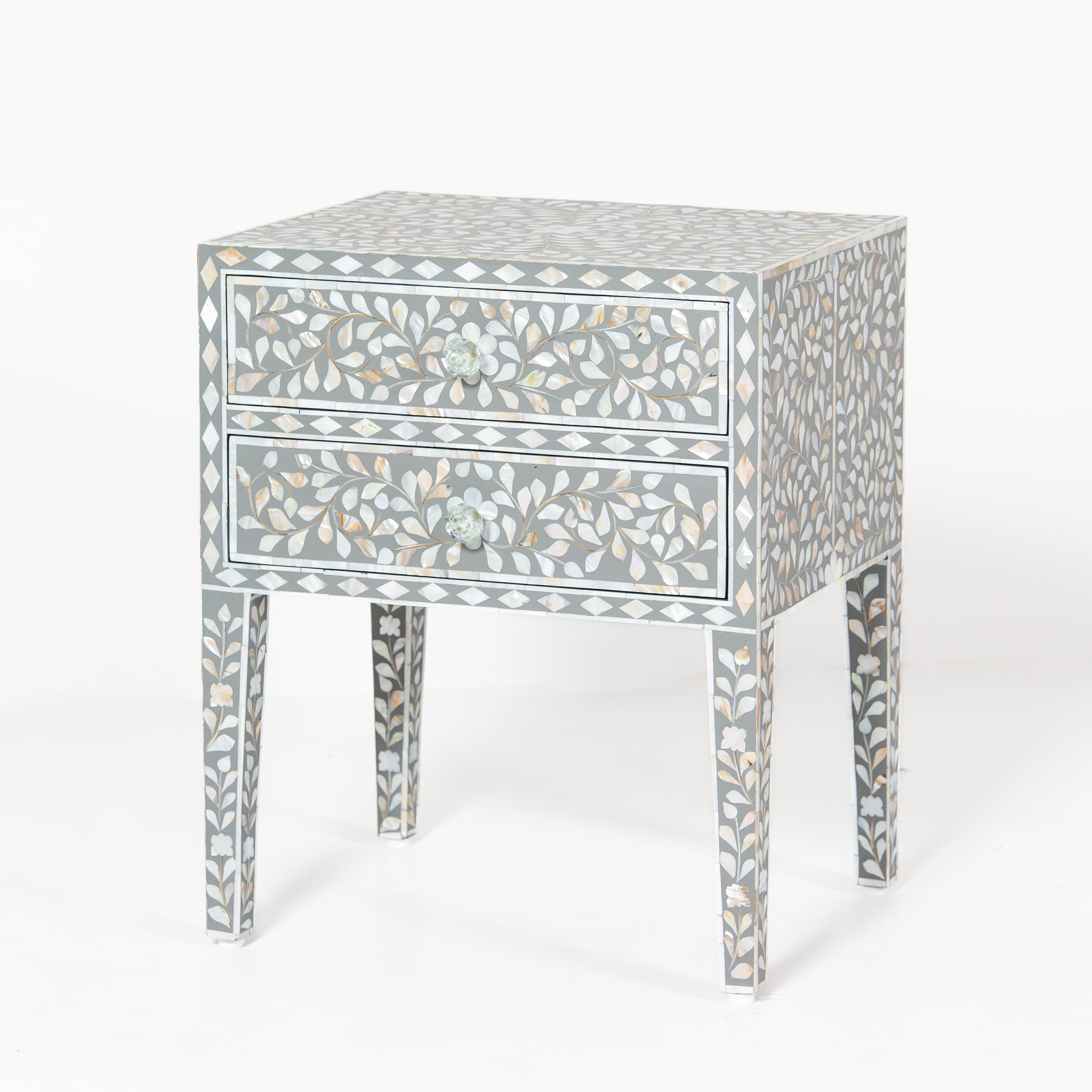 Handcrafted grey Mother of Pearl inlay side drawer by Tabeer Homes, made from mango wood with floral detailing and artisan craftsmanship.