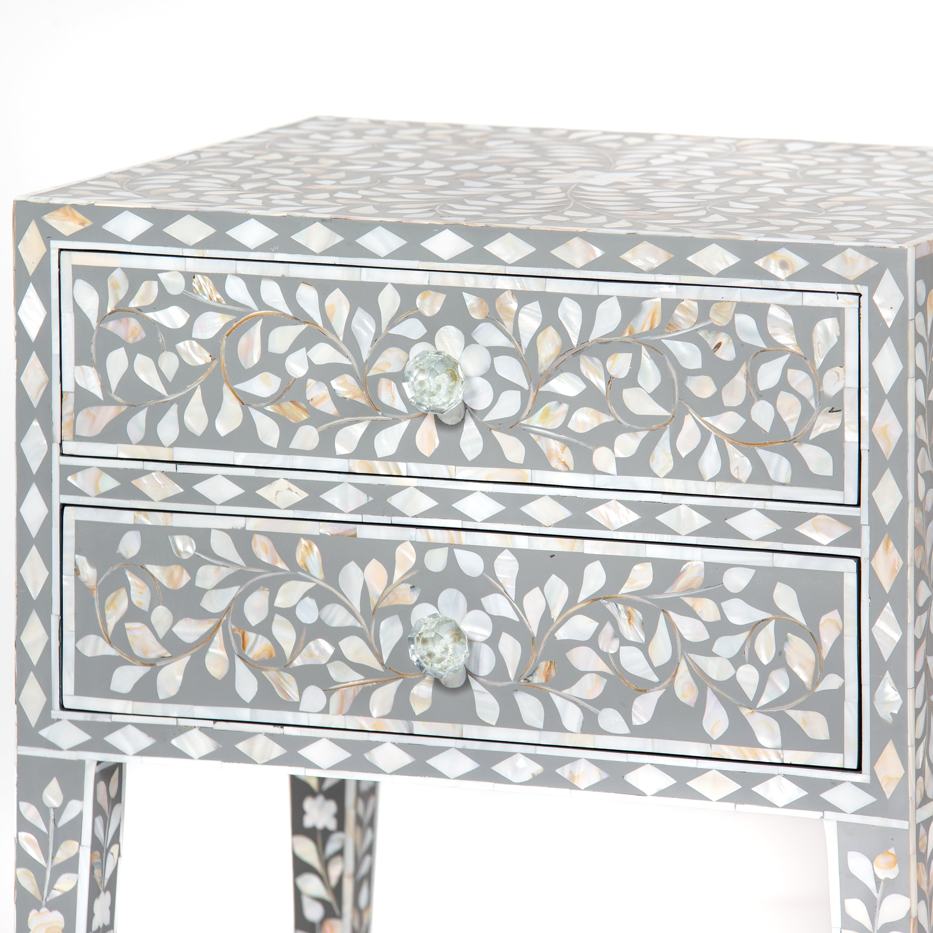 Handcrafted grey Mother of Pearl inlay side drawer by Tabeer Homes, made from mango wood with floral detailing and artisan craftsmanship.