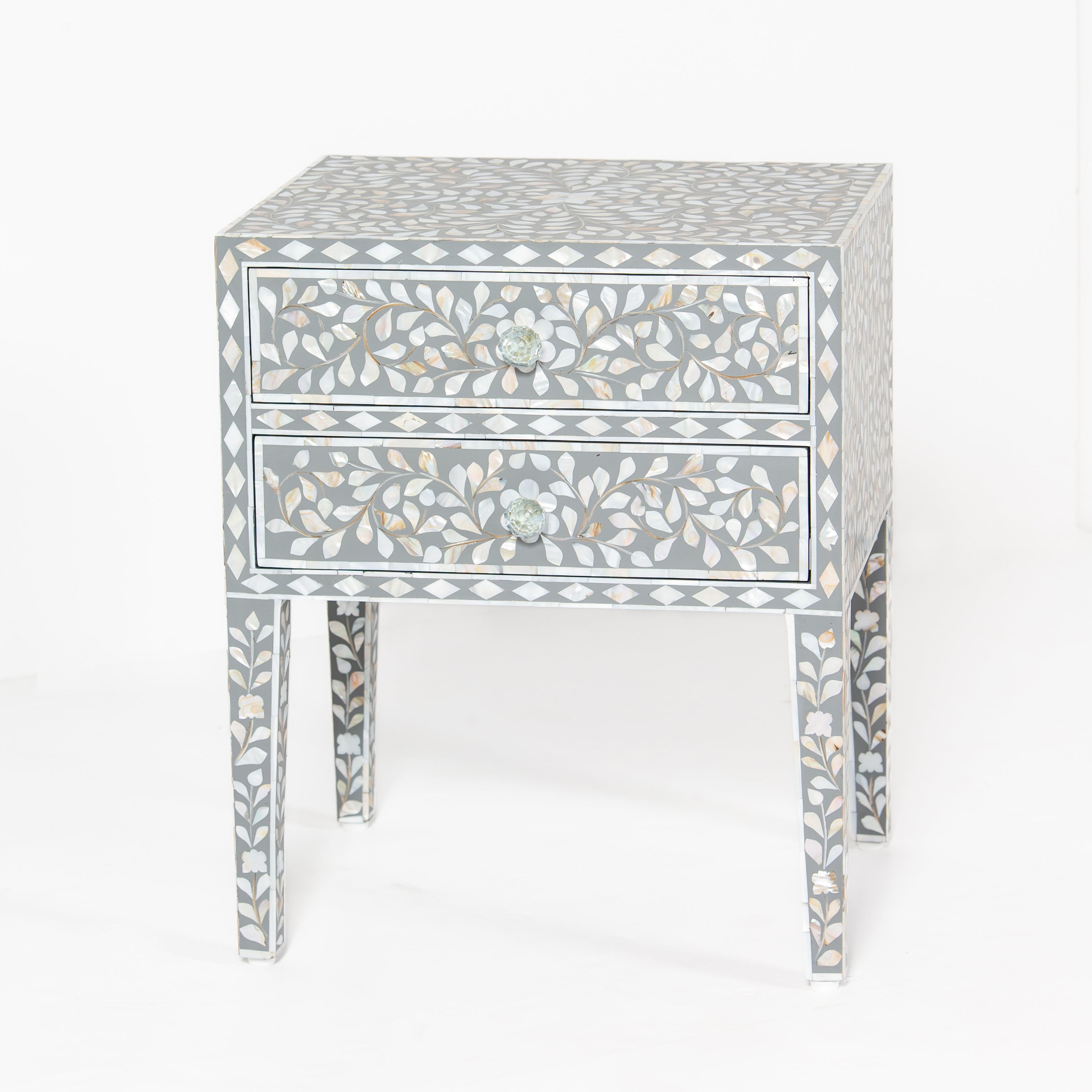 Handcrafted grey Mother of Pearl inlay side drawer by Tabeer Homes, made from mango wood with floral detailing and artisan craftsmanship.