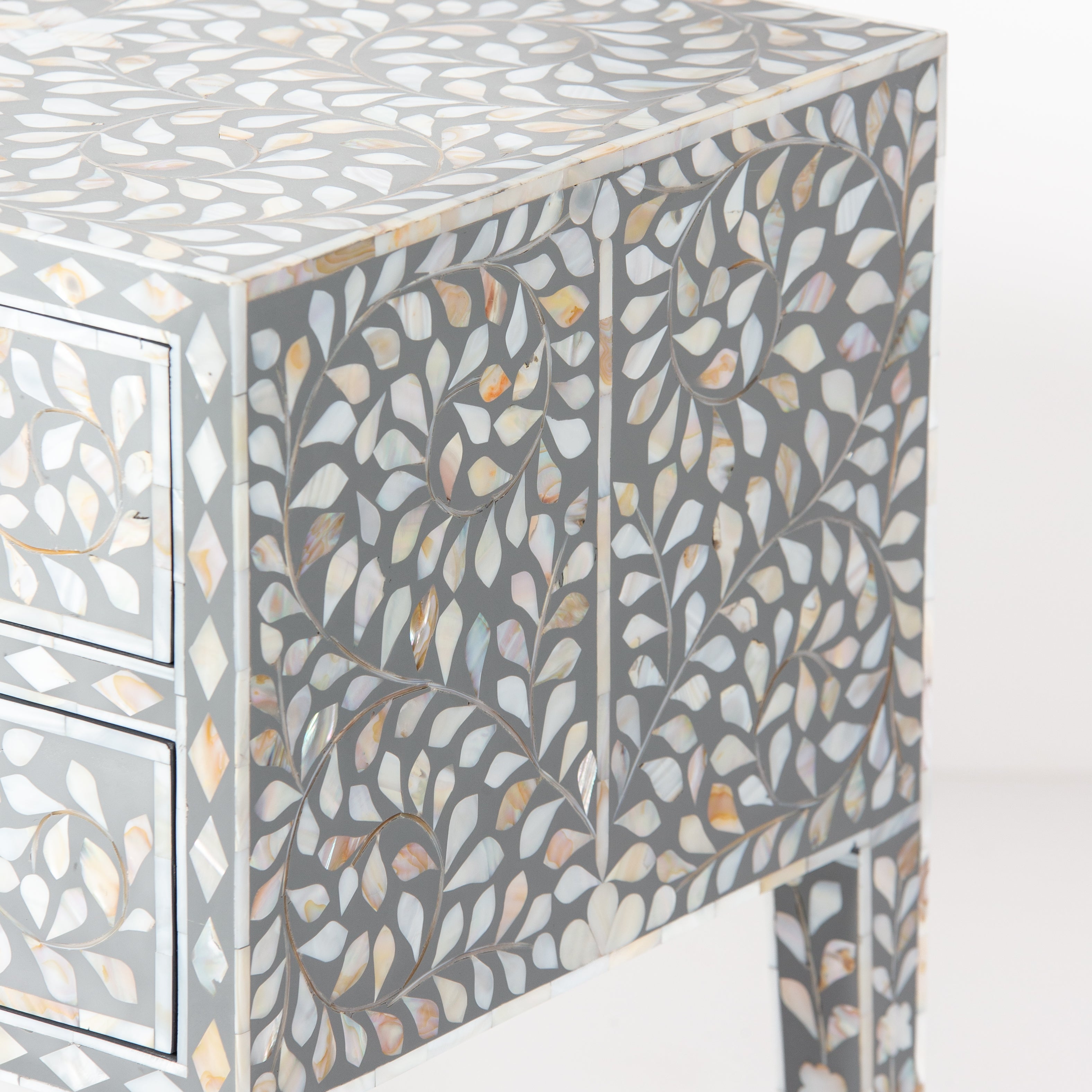 Handcrafted grey Mother of Pearl inlay side drawer by Tabeer Homes, made from mango wood with floral detailing and artisan craftsmanship.