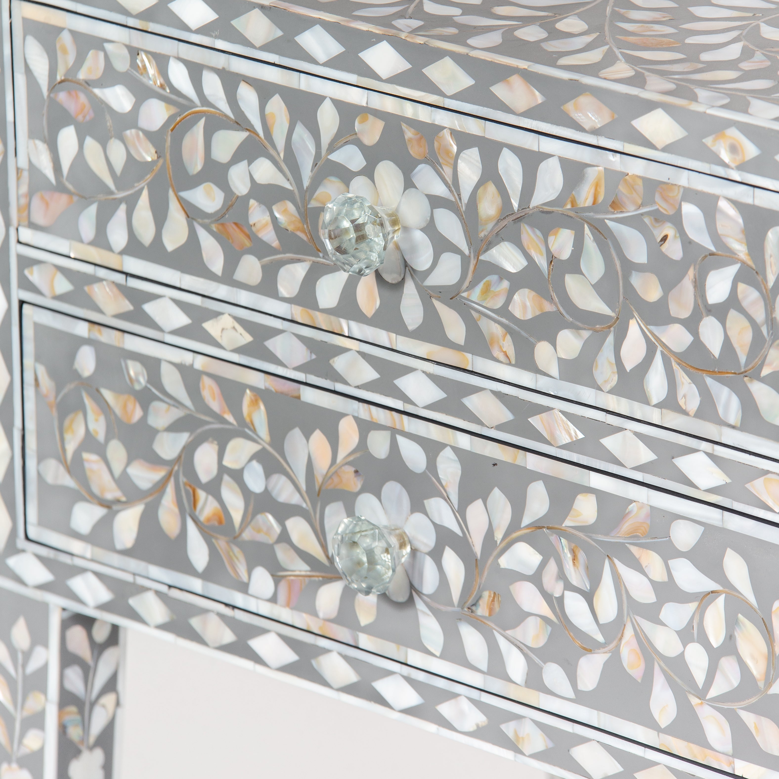 Handcrafted grey Mother of Pearl inlay side drawer by Tabeer Homes, made from mango wood with floral detailing and artisan craftsmanship.