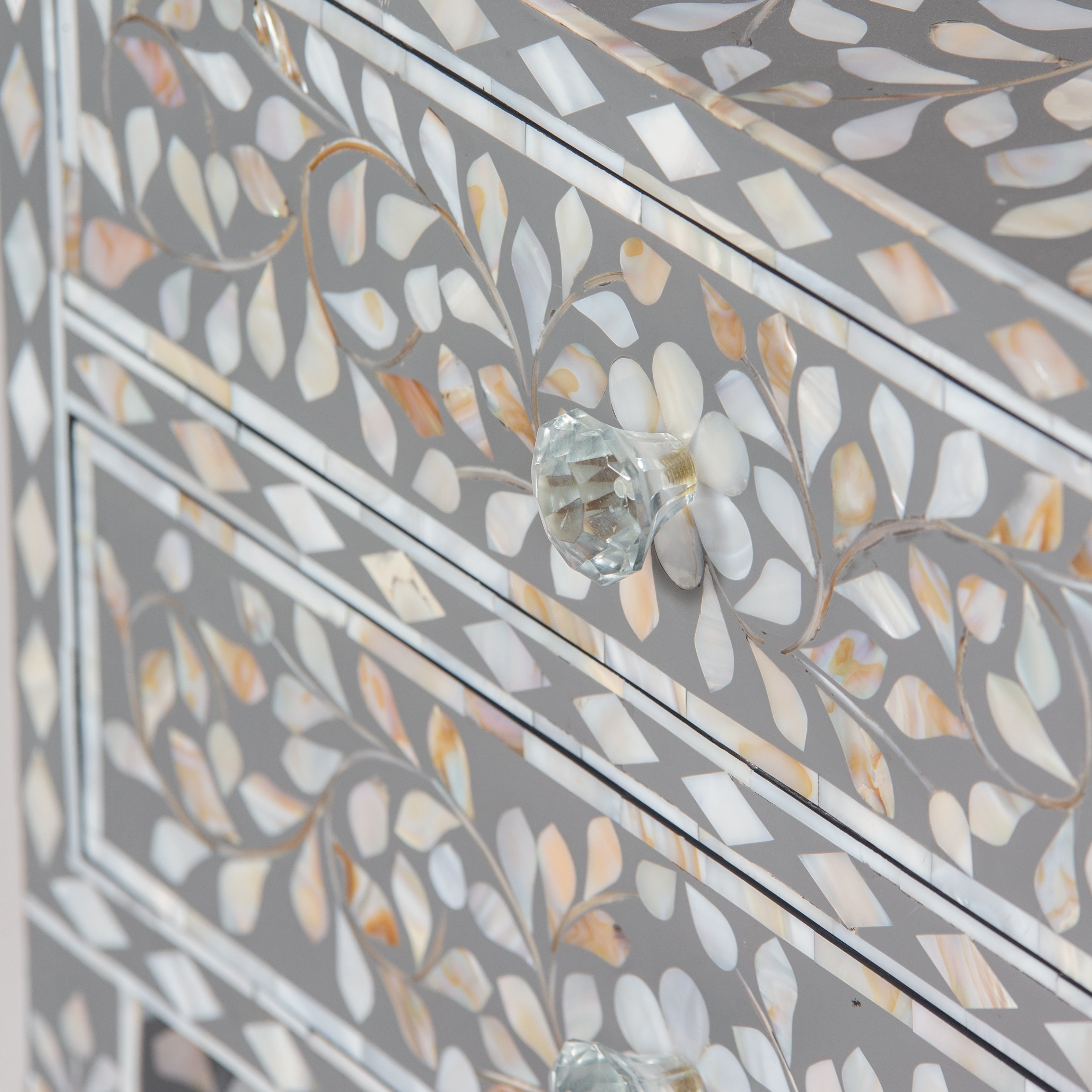 Handcrafted grey Mother of Pearl inlay side drawer by Tabeer Homes, made from mango wood with floral detailing and artisan craftsmanship.