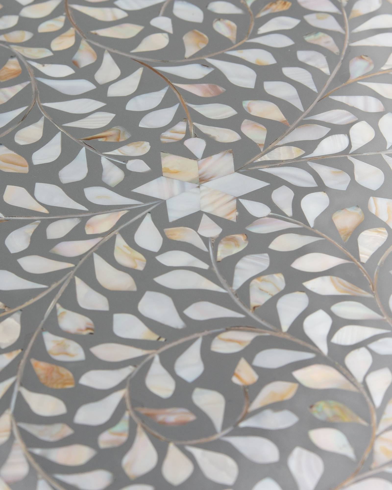 Handcrafted grey Mother of Pearl inlay side drawer by Tabeer Homes, made from mango wood with floral detailing and artisan craftsmanship.