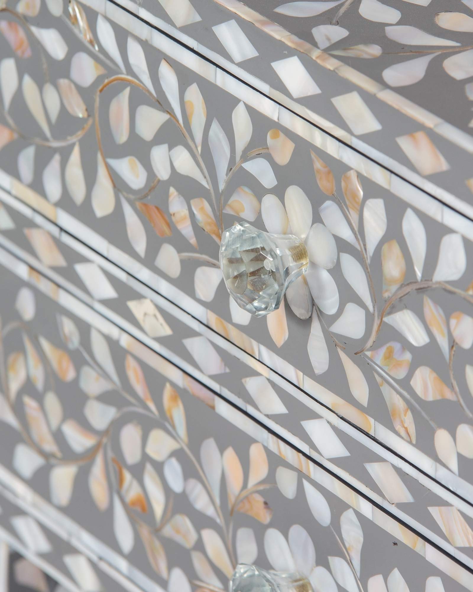 Handcrafted grey Mother of Pearl inlay side drawer by Tabeer Homes, made from mango wood with floral detailing and artisan craftsmanship.
