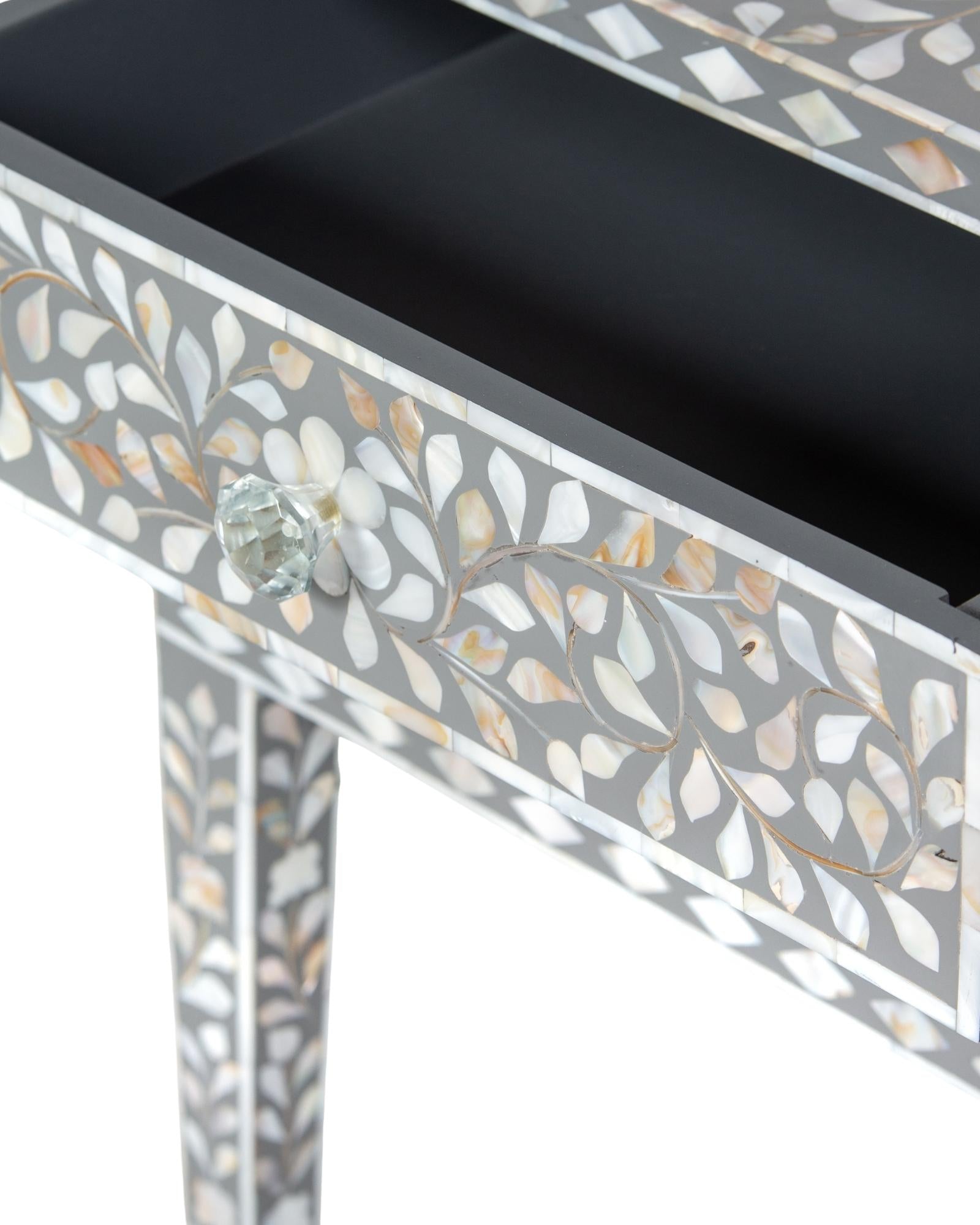 Handcrafted grey Mother of Pearl inlay side drawer by Tabeer Homes, made from mango wood with floral detailing and artisan craftsmanship.