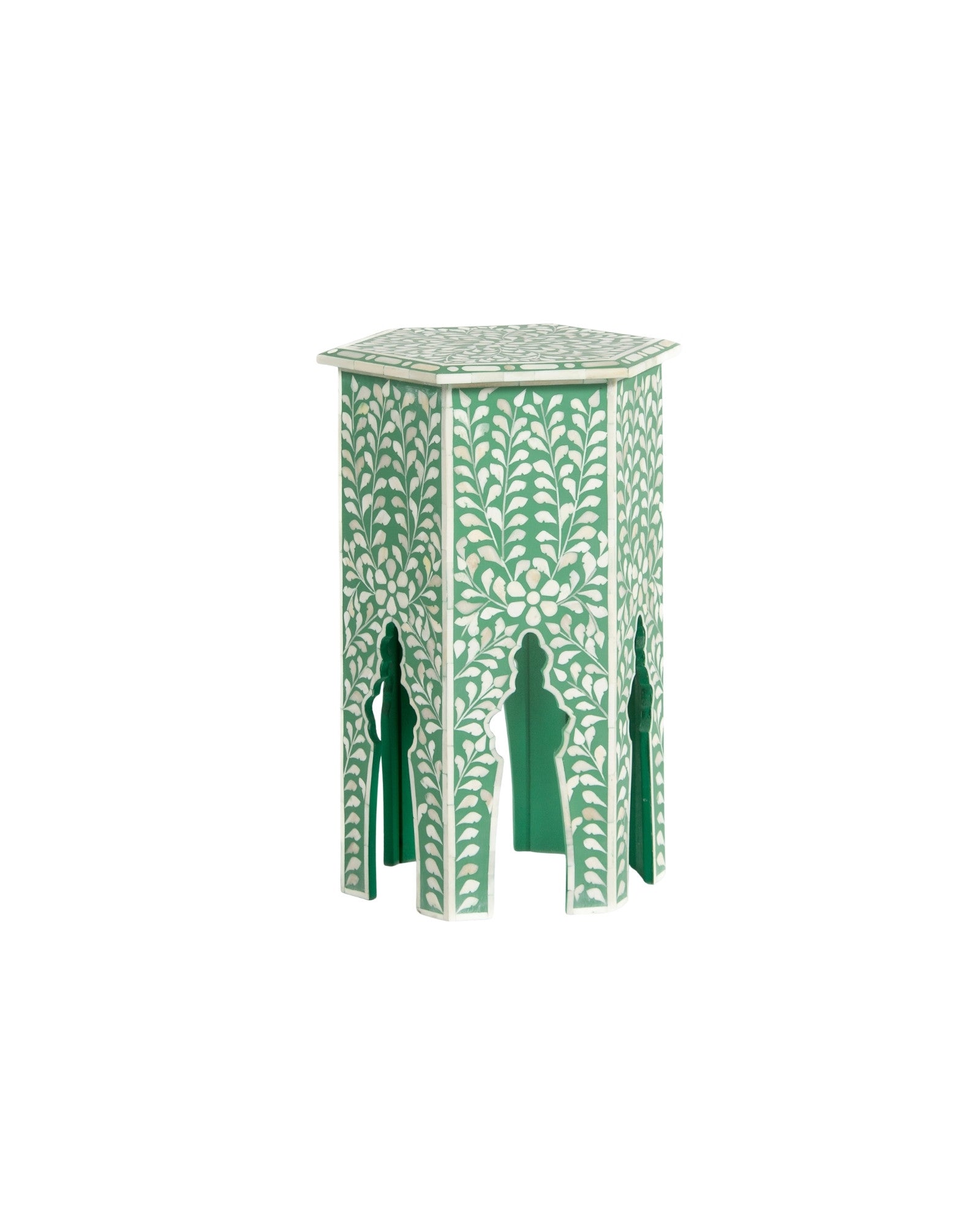 Handcrafted Jade side table featuring green bone inlay with a hexagonal silhouette, floral detailing, and arched legs.