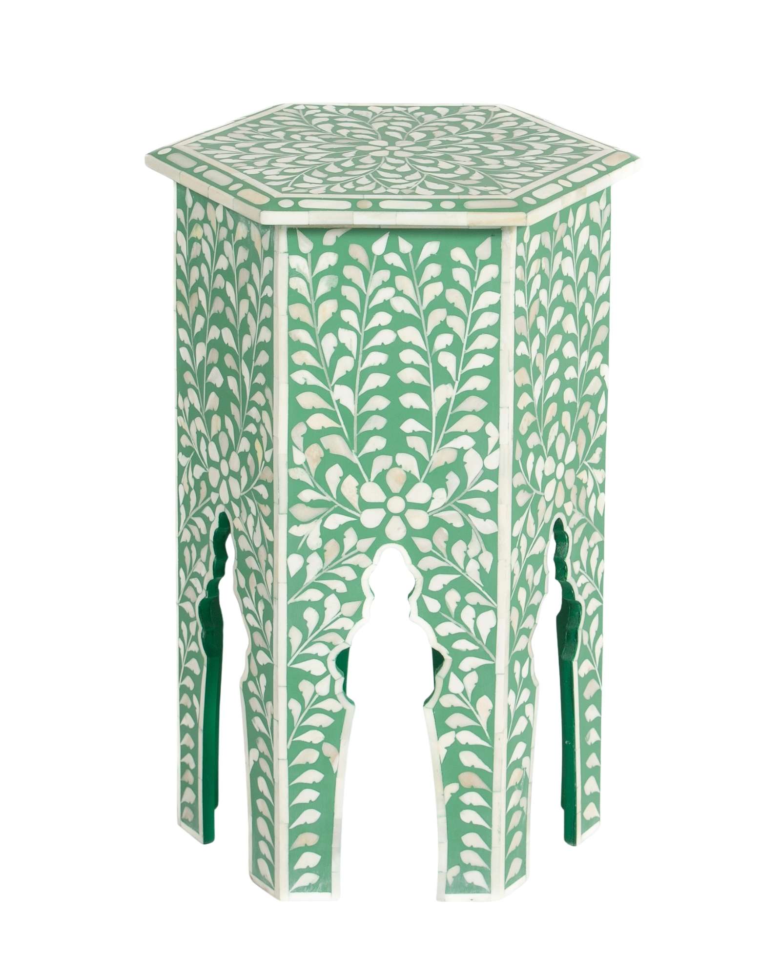 Handcrafted Jade side table featuring green bone inlay with a hexagonal silhouette, floral detailing, and arched legs.