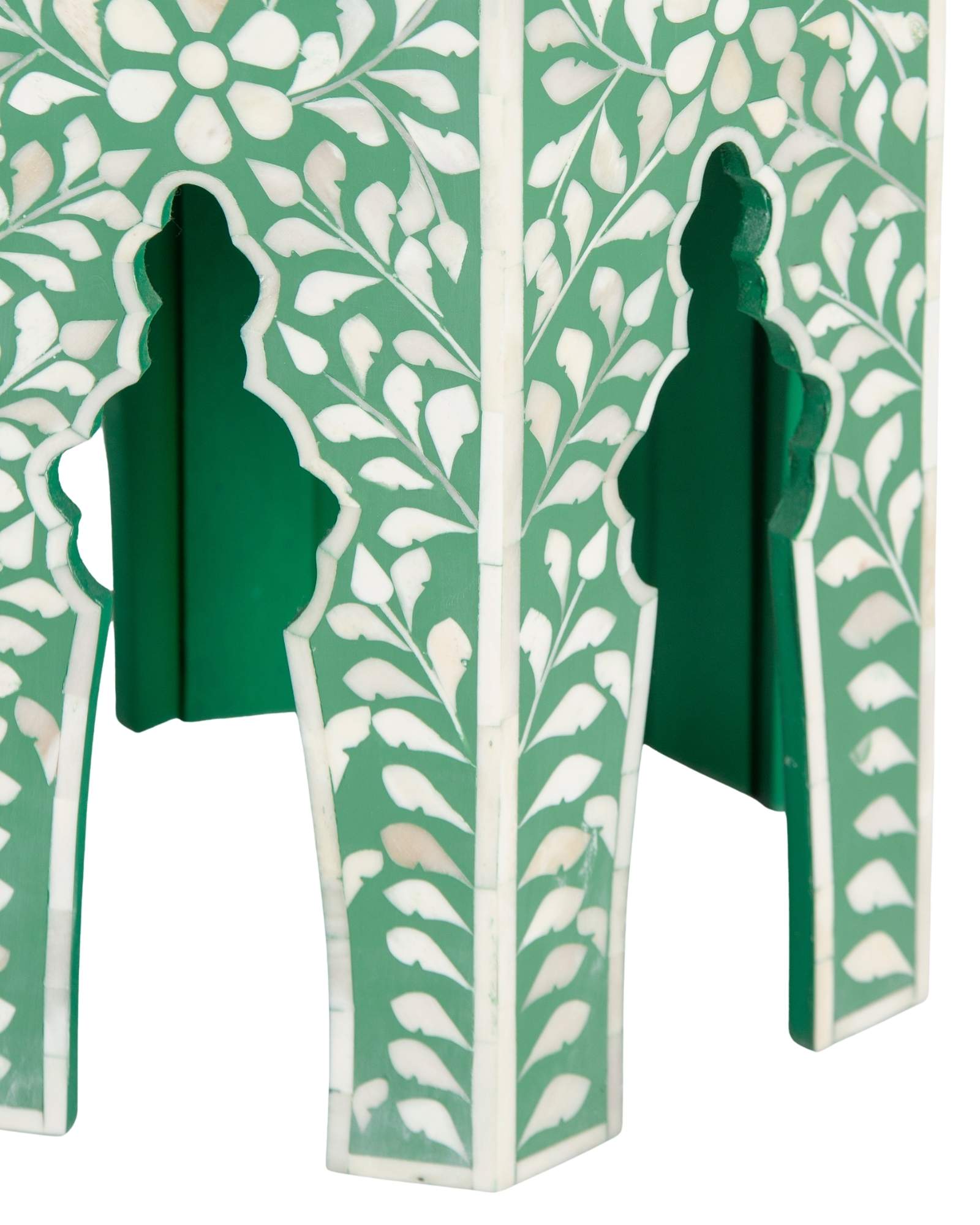 Handcrafted Jade side table featuring green bone inlay with a hexagonal silhouette, floral detailing, and arched legs.