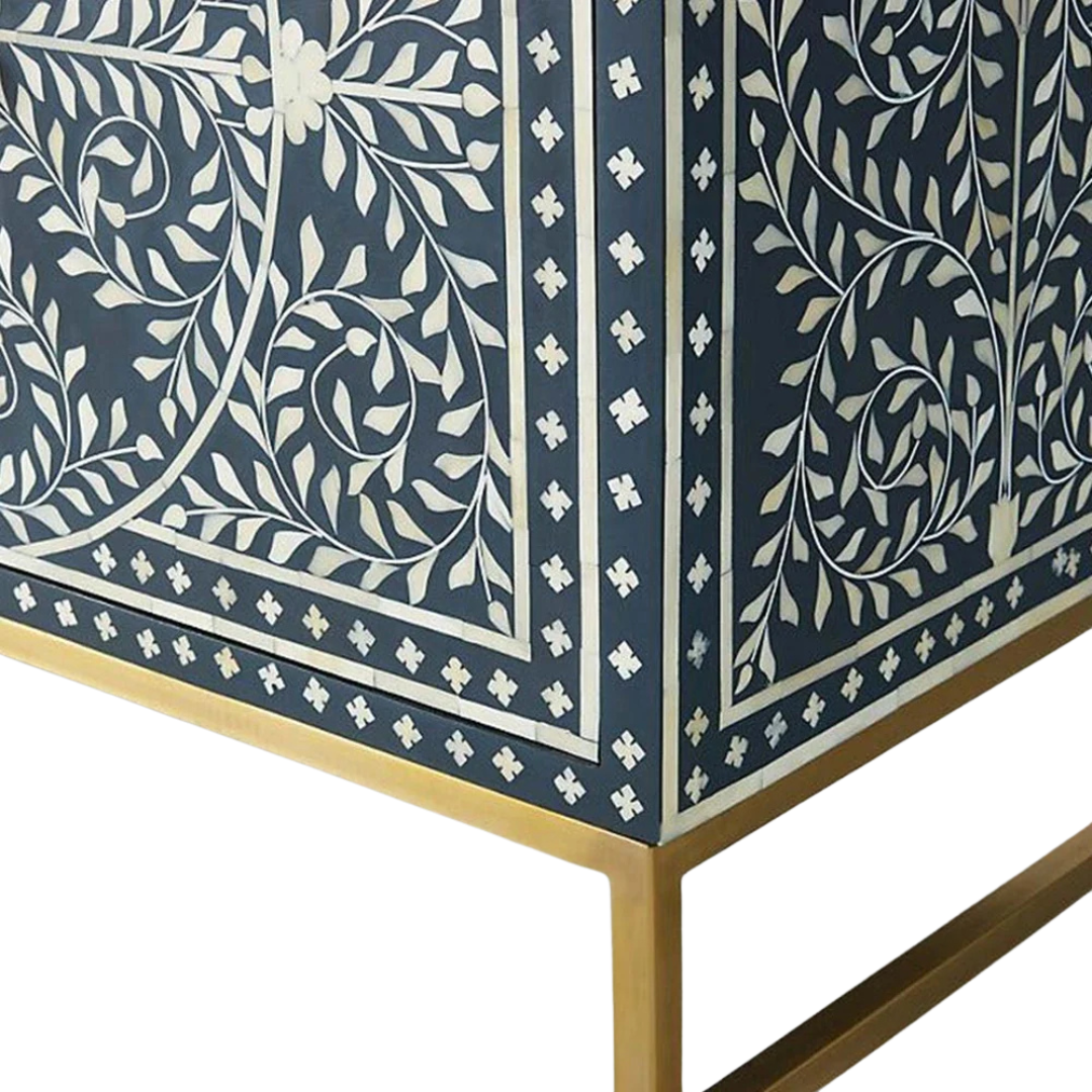 Handcrafted Navy Blue Bone Inlay Sideboard with intricate Bone Inlay, featuring floral pattern and sleek metal legs. A luxurious storage solution for any space.