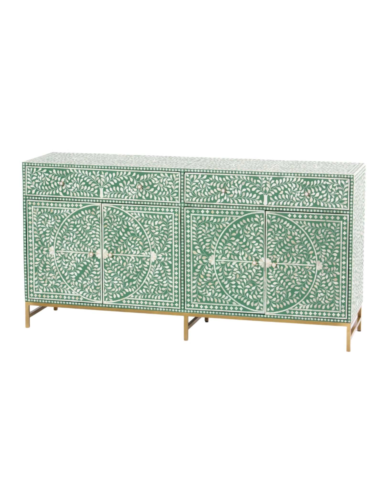 Featuring a beautiful floral sideboard in Green Bone Inlay with intricate hand inlaid work. Part of the Jade Collection - this buffet can be used as at an entryway or as a cutlery storage unit.