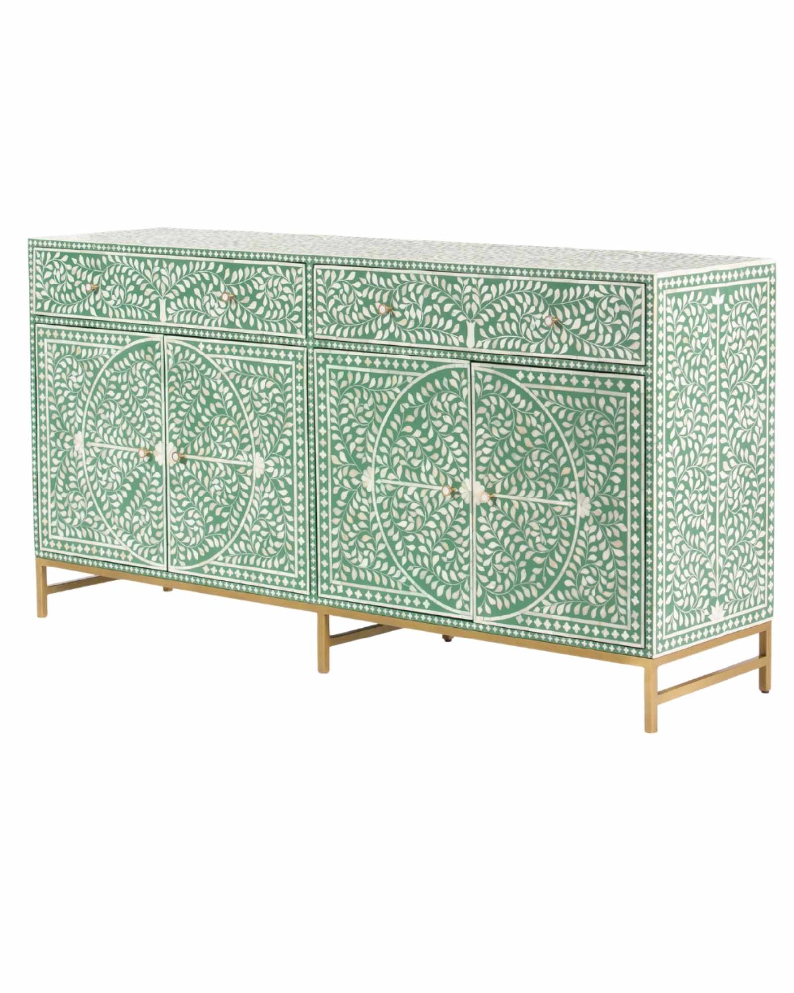 Featuring a beautiful floral sideboard in Green Bone Inlay with intricate hand inlaid work. Part of the Jade Collection - this buffet can be used as at an entryway or as a cutlery storage unit.