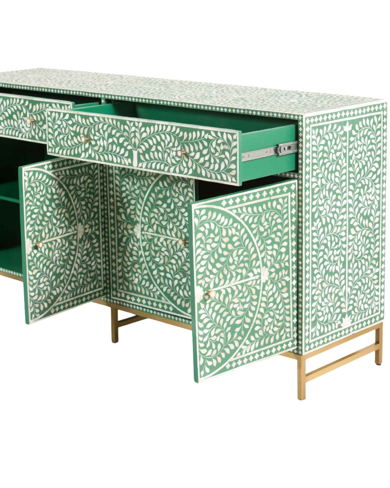 Featuring a beautiful floral sideboard in Green Bone Inlay with intricate hand inlaid work. Part of the Jade Collection - this buffet can be used as at an entryway or as a cutlery storage unit.