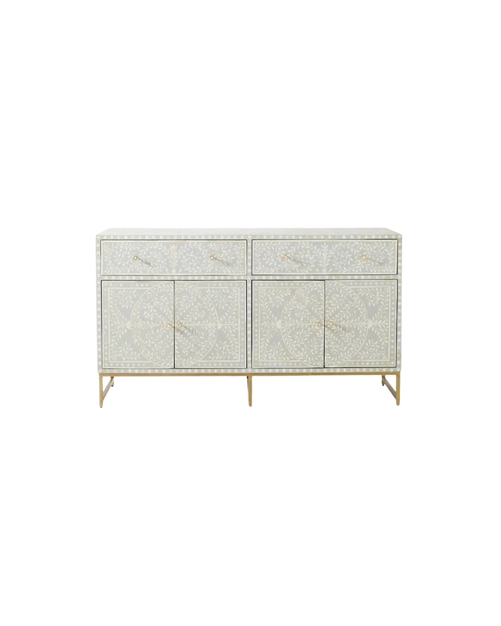Handcrafted Pale Grey Bone Inlay Sideboard with intricate Bone Inlay, featuring floral pattern and sleek metal legs. A luxurious storage solution for any space.