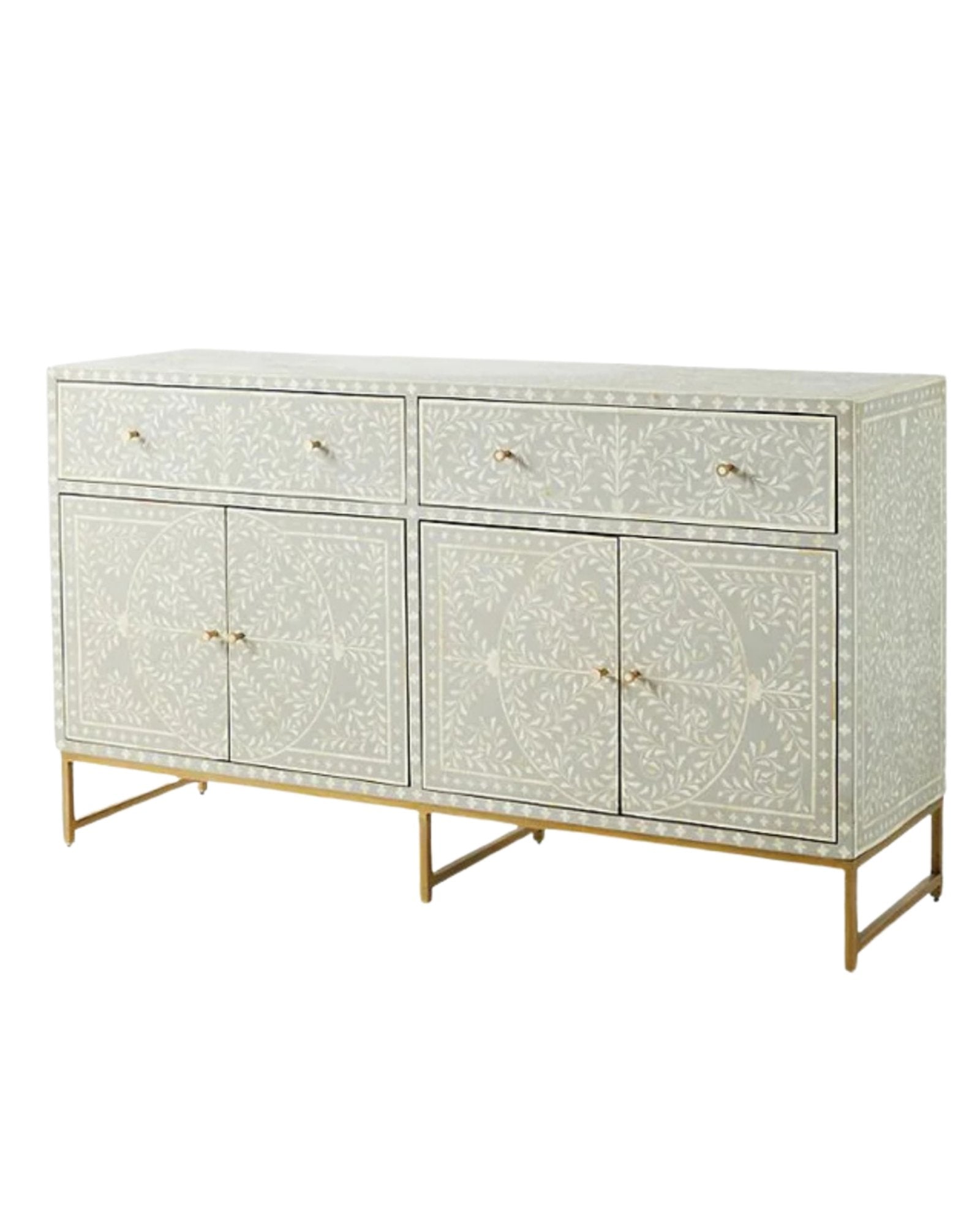 Handcrafted Pale Grey Bone Inlay Sideboard with intricate Bone Inlay, featuring floral pattern and sleek metal legs. A luxurious storage solution for any space.