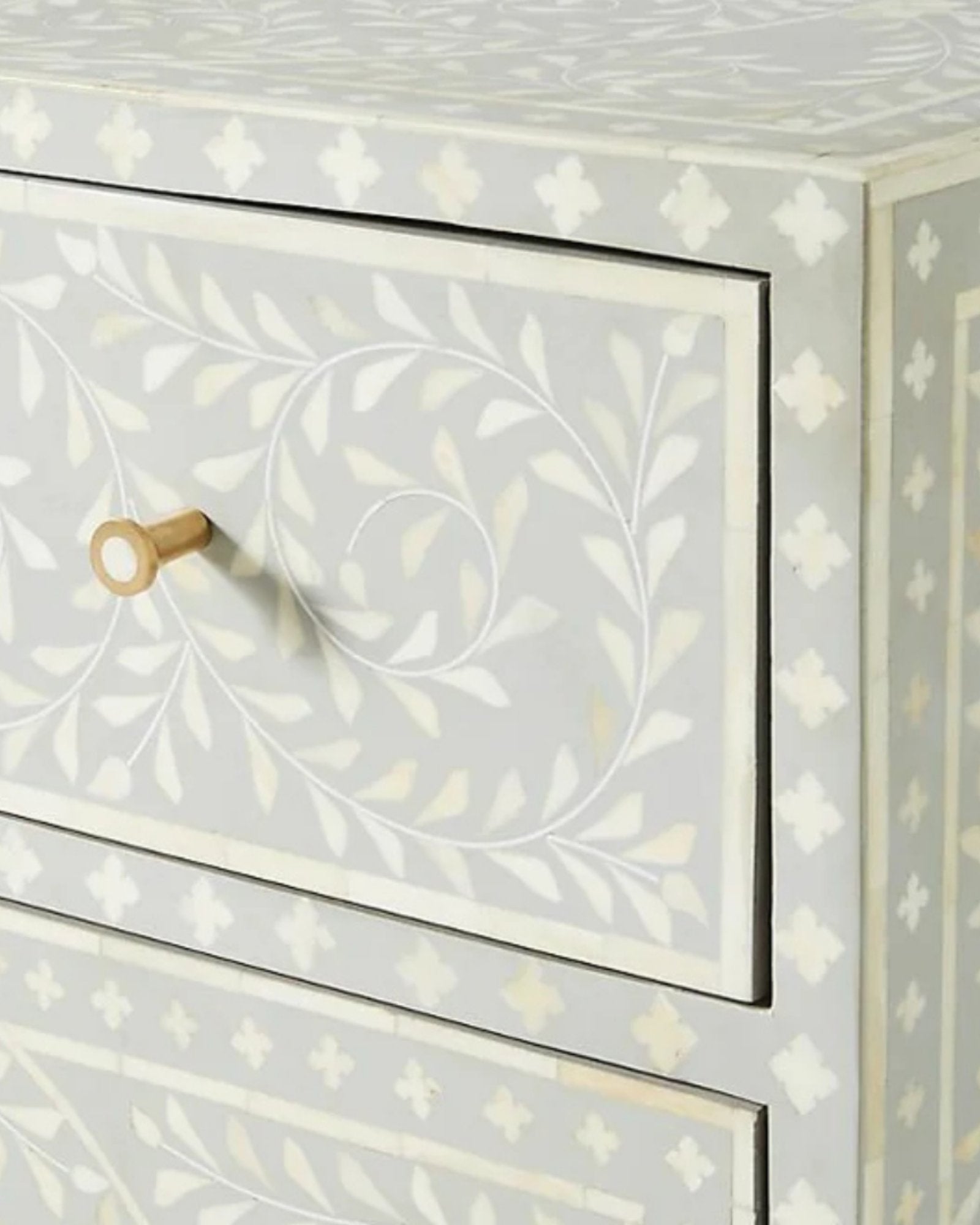 Handcrafted Pale Grey Bone Inlay Sideboard with intricate Bone Inlay, featuring floral pattern and sleek metal legs. A luxurious storage solution for any space.