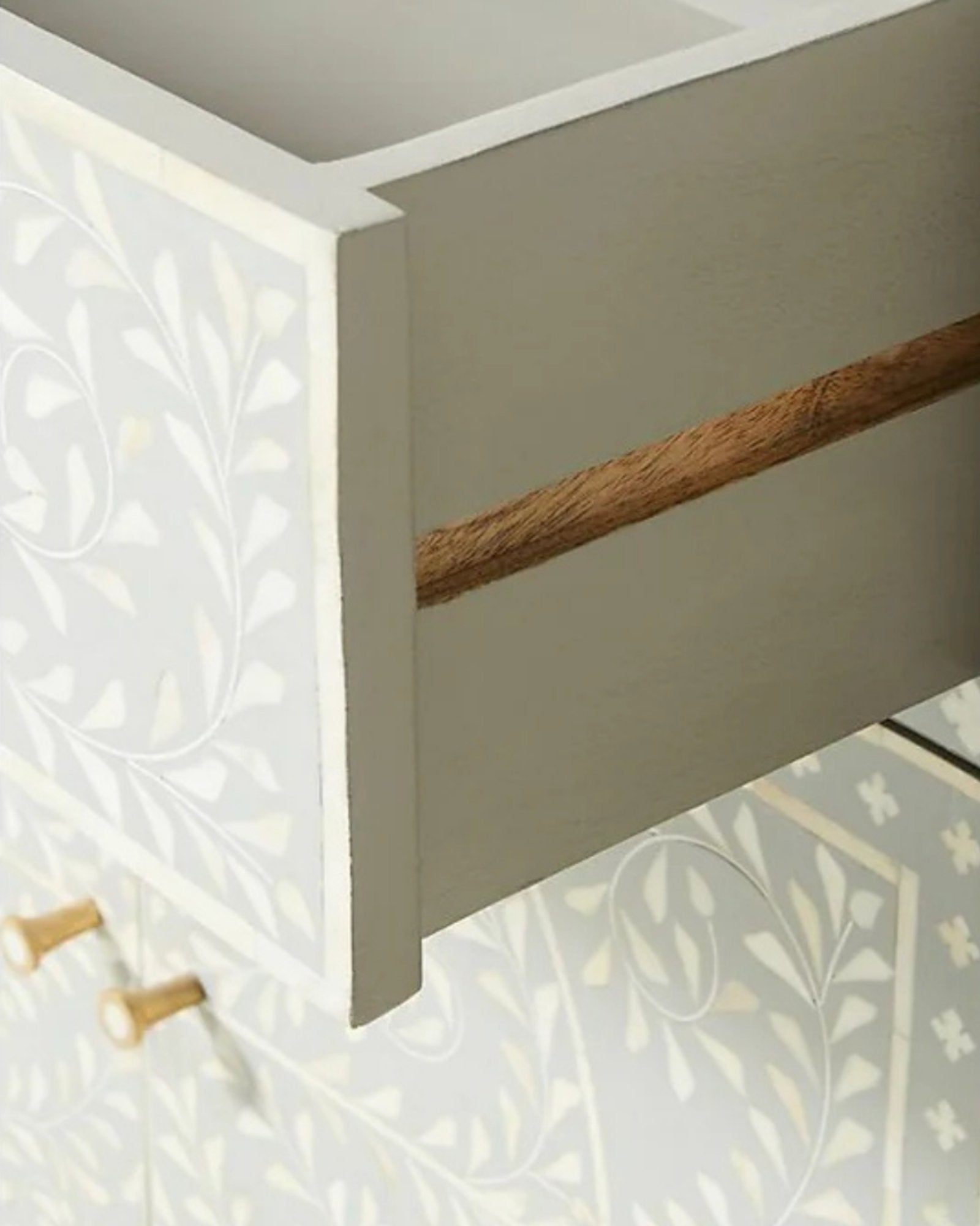 Handcrafted Pale Grey Bone Inlay Sideboard with intricate Bone Inlay, featuring floral pattern and sleek metal legs. A luxurious storage solution for any space.