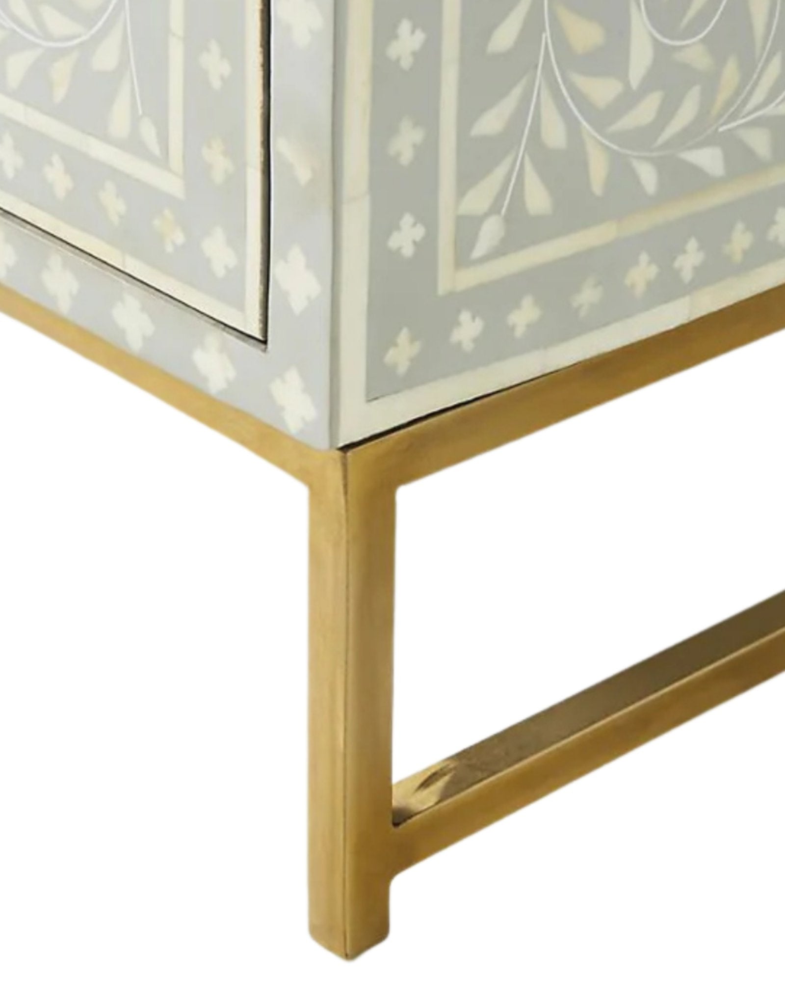 Handcrafted Pale Grey Bone Inlay Sideboard with intricate Bone Inlay, featuring floral pattern and sleek metal legs. A luxurious storage solution for any space.