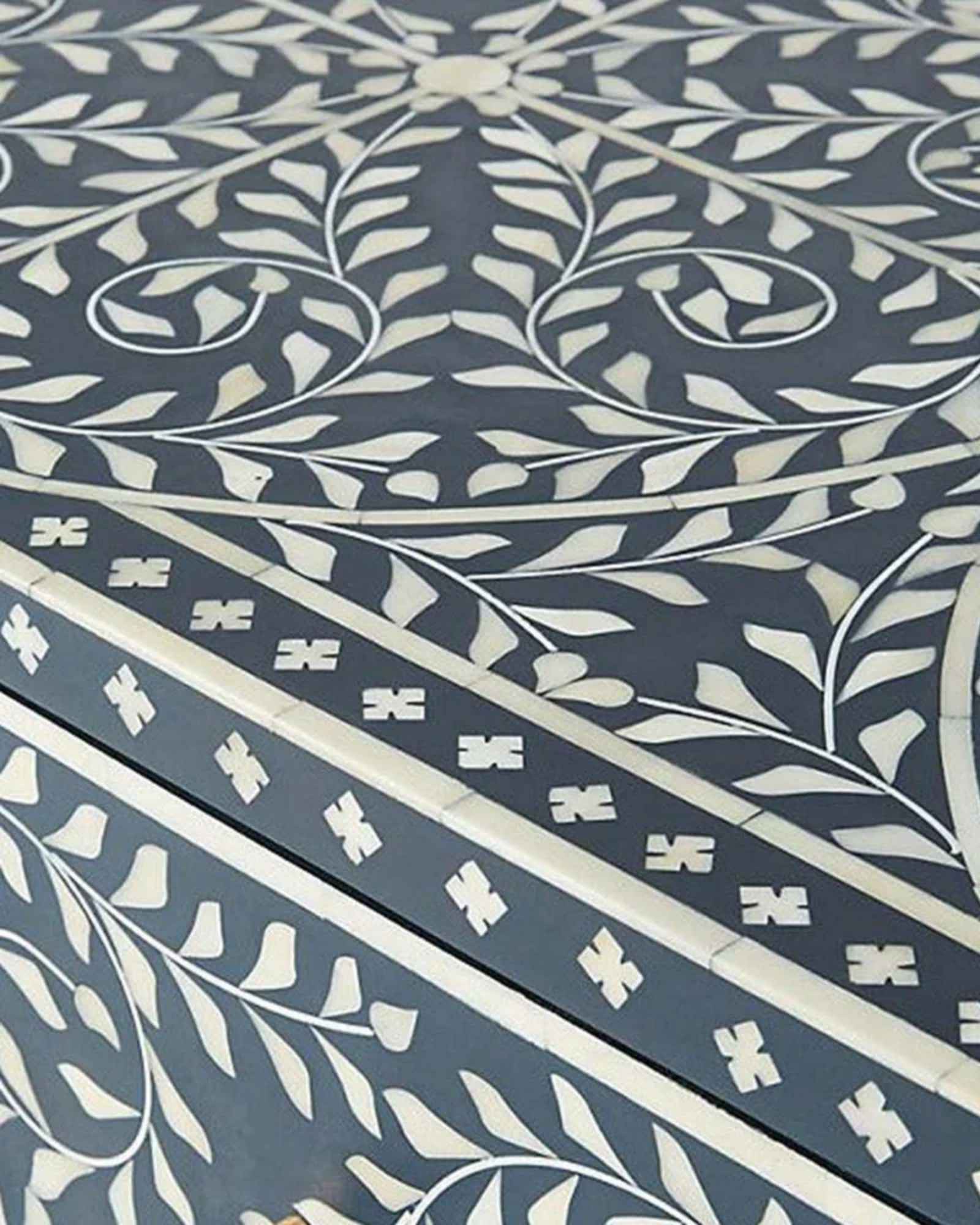 Handcrafted Navy Blue Bone Inlay Sideboard with intricate Bone Inlay, featuring floral pattern and sleek metal legs. A luxurious storage solution for any space.