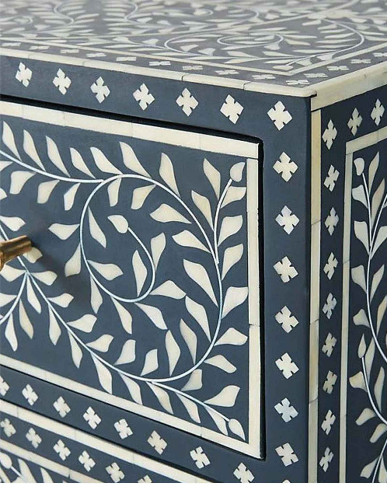 Handcrafted Navy Blue Bone Inlay Sideboard with intricate Bone Inlay, featuring floral pattern and sleek metal legs. A luxurious storage solution for any space.