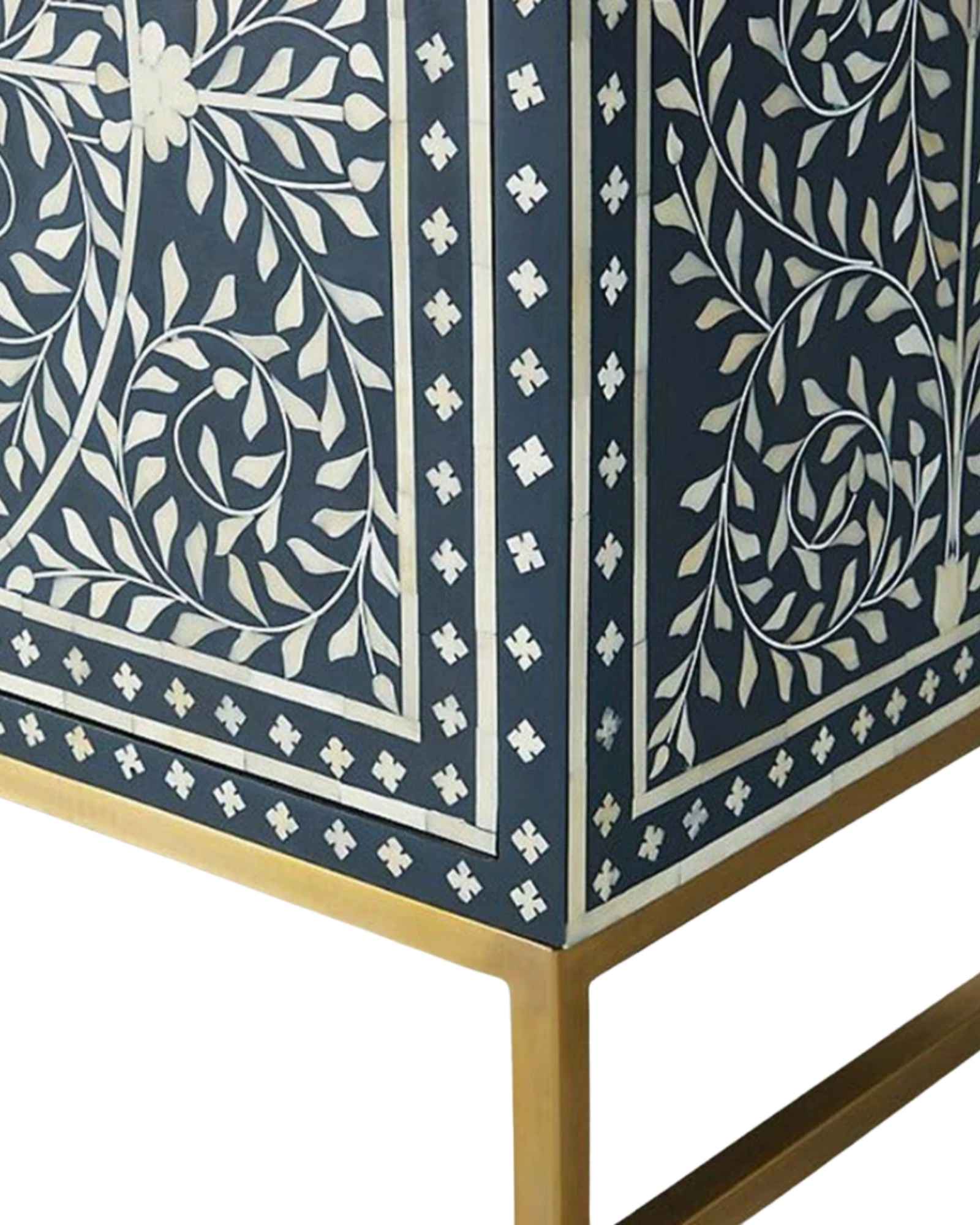 Handcrafted Navy Blue Bone Inlay Sideboard with intricate Bone Inlay, featuring floral pattern and sleek metal legs. A luxurious storage solution for any space.