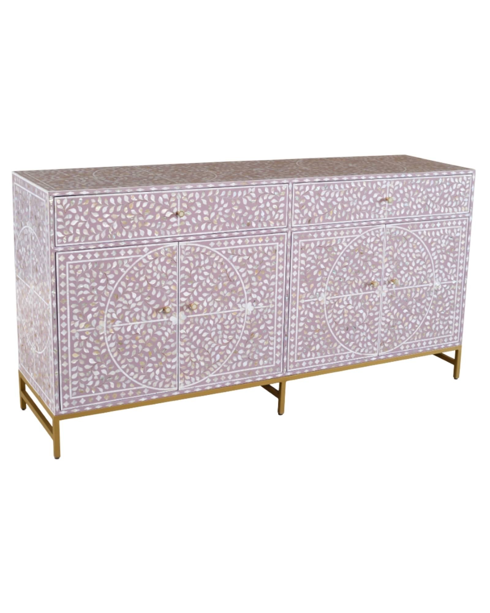 Handcrafted purple mother of pearl inlay sideboard with gold base