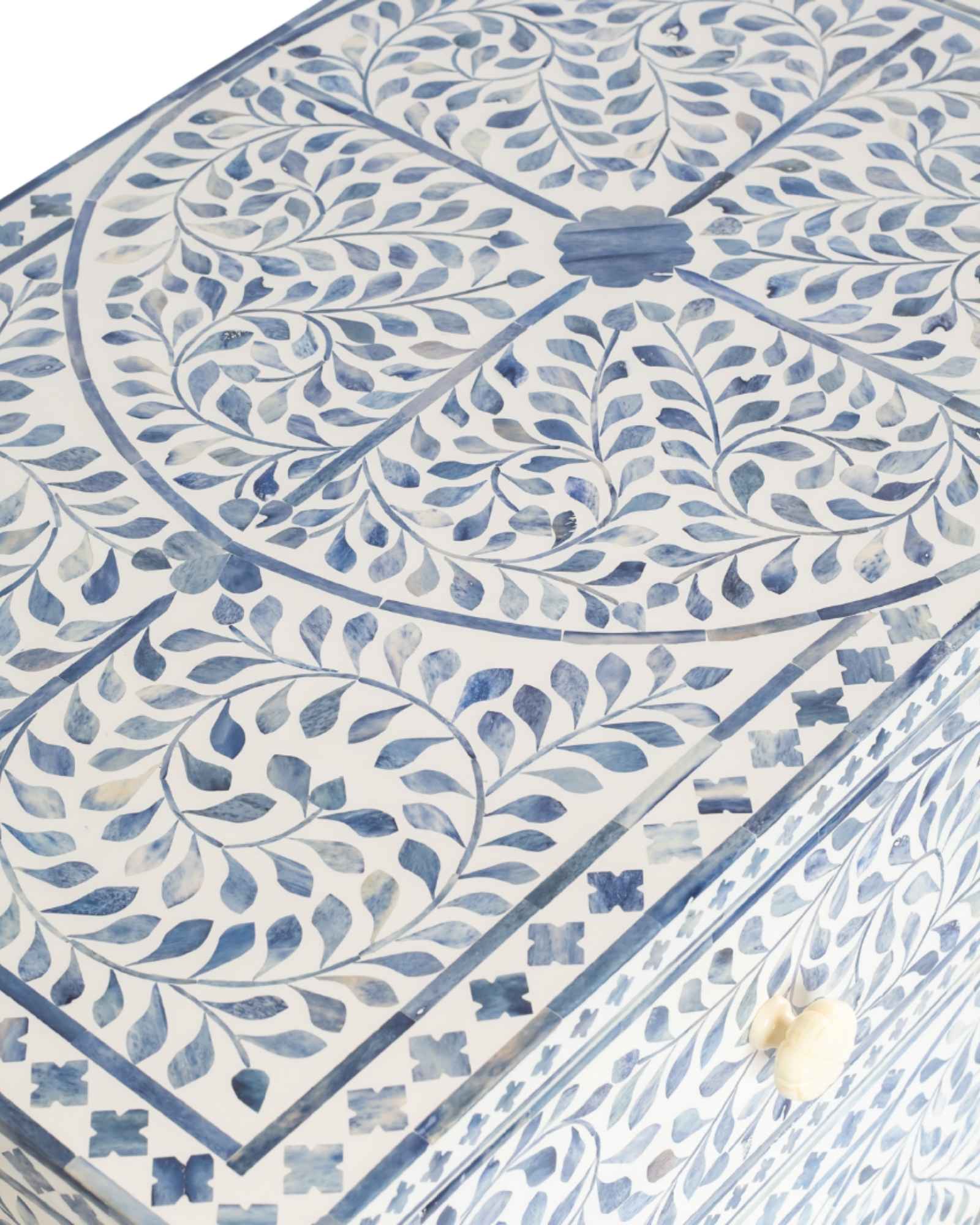Featuring a beautiful floral sideboard in Dyed Blue Bone Inlay with intricate hand inlaid work. Part of the Jade Collection - this buffet can be used as at an entryway or as a cutlery storage unit.