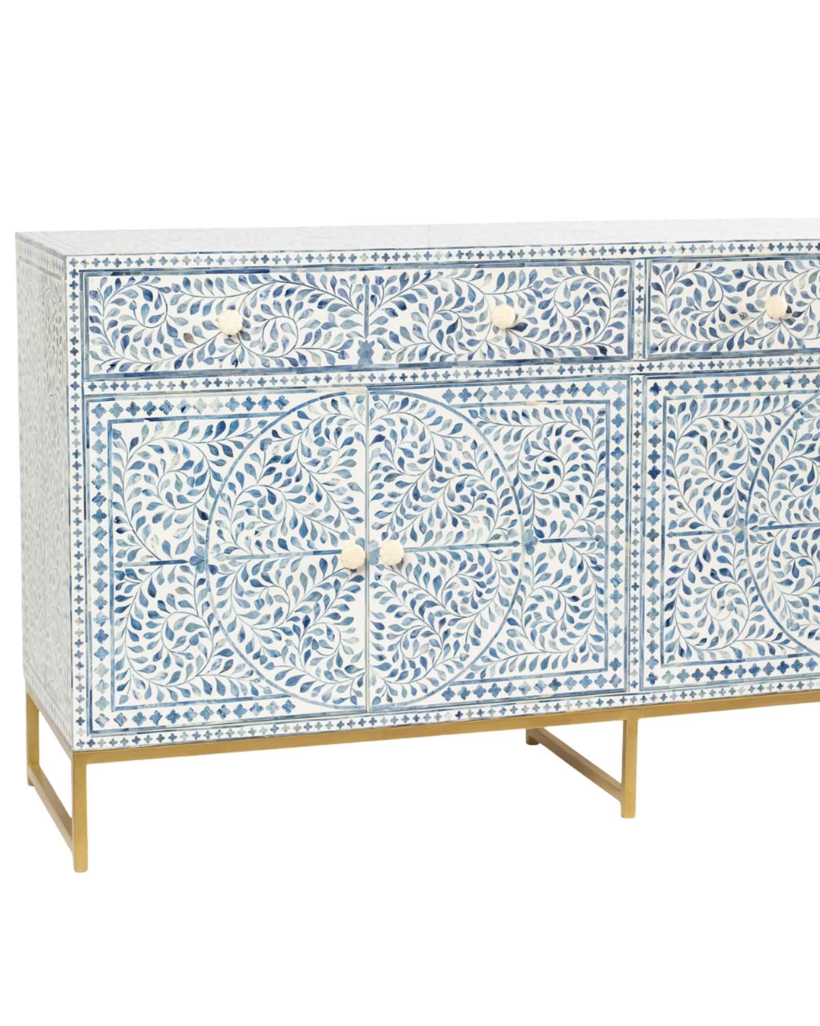 Featuring a beautiful floral sideboard in Dyed Blue Bone Inlay with intricate hand inlaid work. Part of the Jade Collection - this buffet can be used as at an entryway or as a cutlery storage unit.