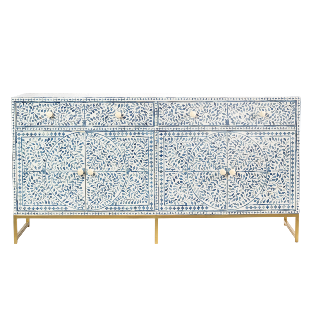 Featuring a beautiful floral sideboard in Dyed Blue Bone Inlay with intricate hand inlaid work. Part of the Jade Collection - this buffet can be used as at an entryway or as a cutlery storage unit.
