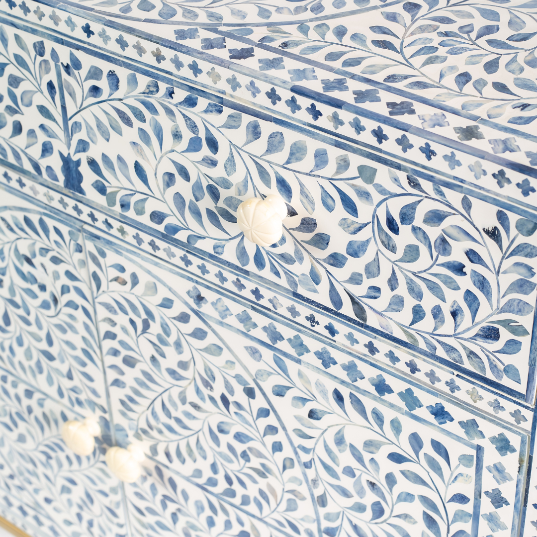 Featuring a beautiful floral sideboard in Dyed Blue Bone Inlay with intricate hand inlaid work. Part of the Jade Collection - this buffet can be used as at an entryway or as a cutlery storage unit.